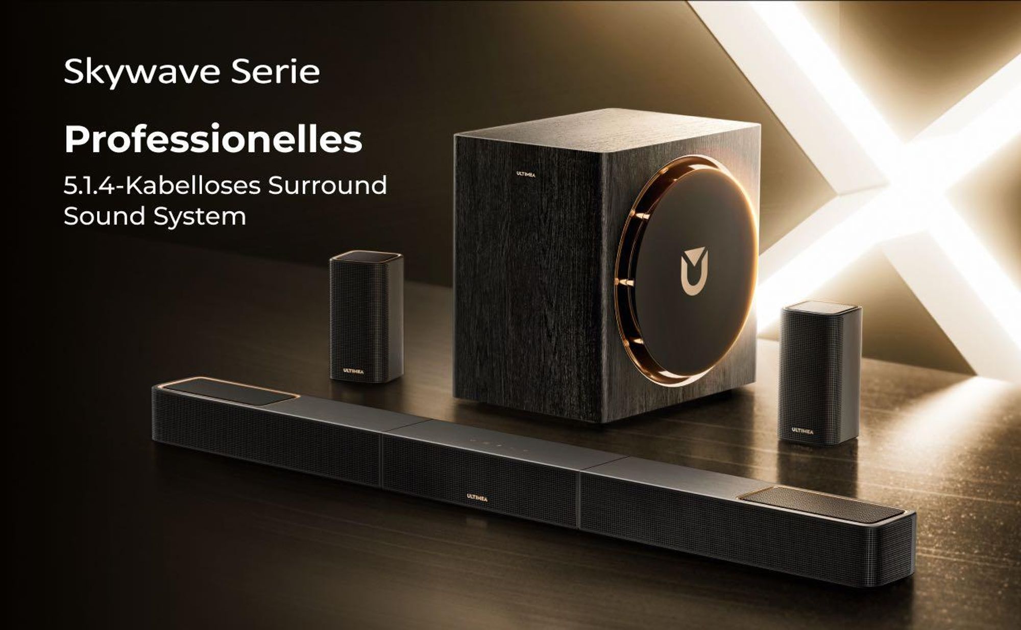 ULTIMEA Skywave Series 5.1.4 Professionelle Soundbar mit Dolby Atmos, 5.1.4 Surround Sound System mit 8" Subwoofer & 2 kabellosen Rear-Lautsprechern