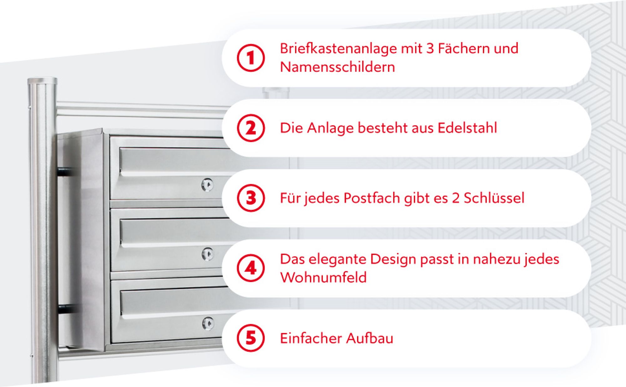 Wiltec 3er Briefkastenanlage Edelstahl 556 x 270 x 1200 mm, Standbriefkasten mit 3 Fächern, Schlüssel und Namensschild, Briefkasten Postkasten mit Ständer