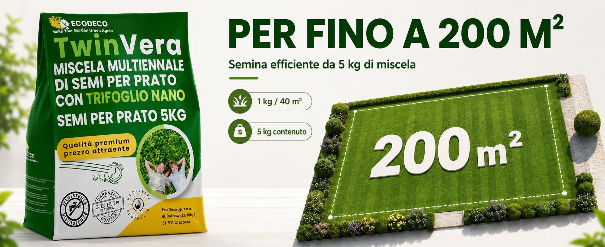 EcoDeco semi per prato, miscela con microtrifoglio, semi prato 5 kg, per prato ornamentale e giardino domestico