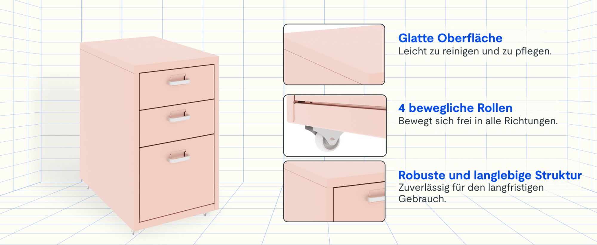 FLEXISPOT Rollcontainer Büroschrank mit 3 Schubladen, Aktenschrank Metallschrank Kommode mit Rädern, Unterschrank für Zuhause und Büro (Rosa)