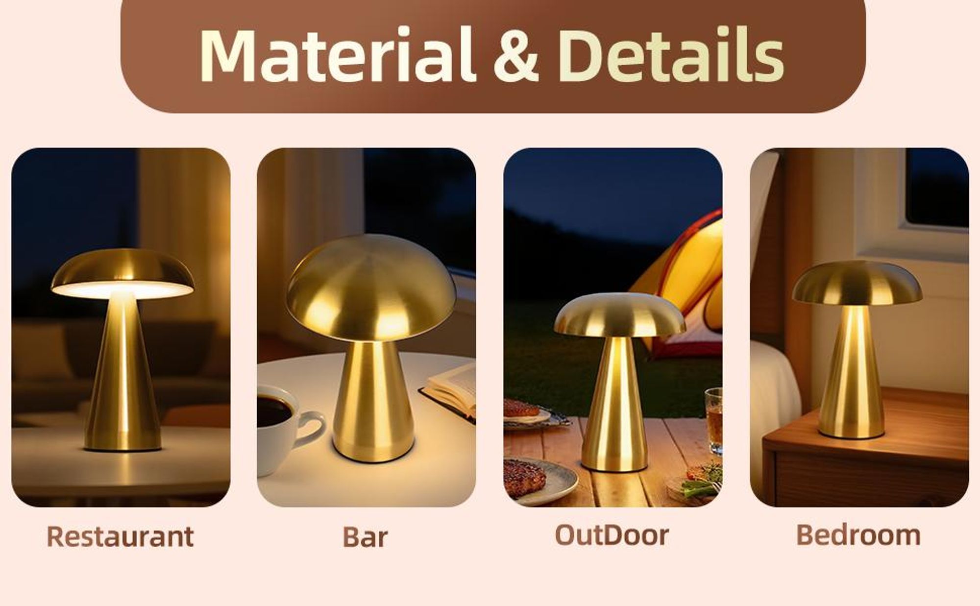 LED-Pilzlampe, tragbare Metall-Schreibtischlampe, USB-Aufladung Nachttischlampe, dreifarbiges Touch-Kabellos Dimmen, Augenschutz-Nachtlicht, Gold