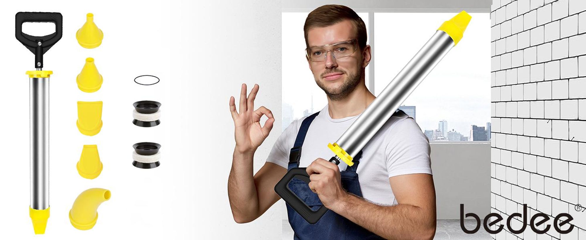Fugenpistole für Mörtel, Edelstahl Mörtelspritze, Mörtelpresse für Fugenmassen Spachtel, Handmörtelpumpe, mit 5 Düsen