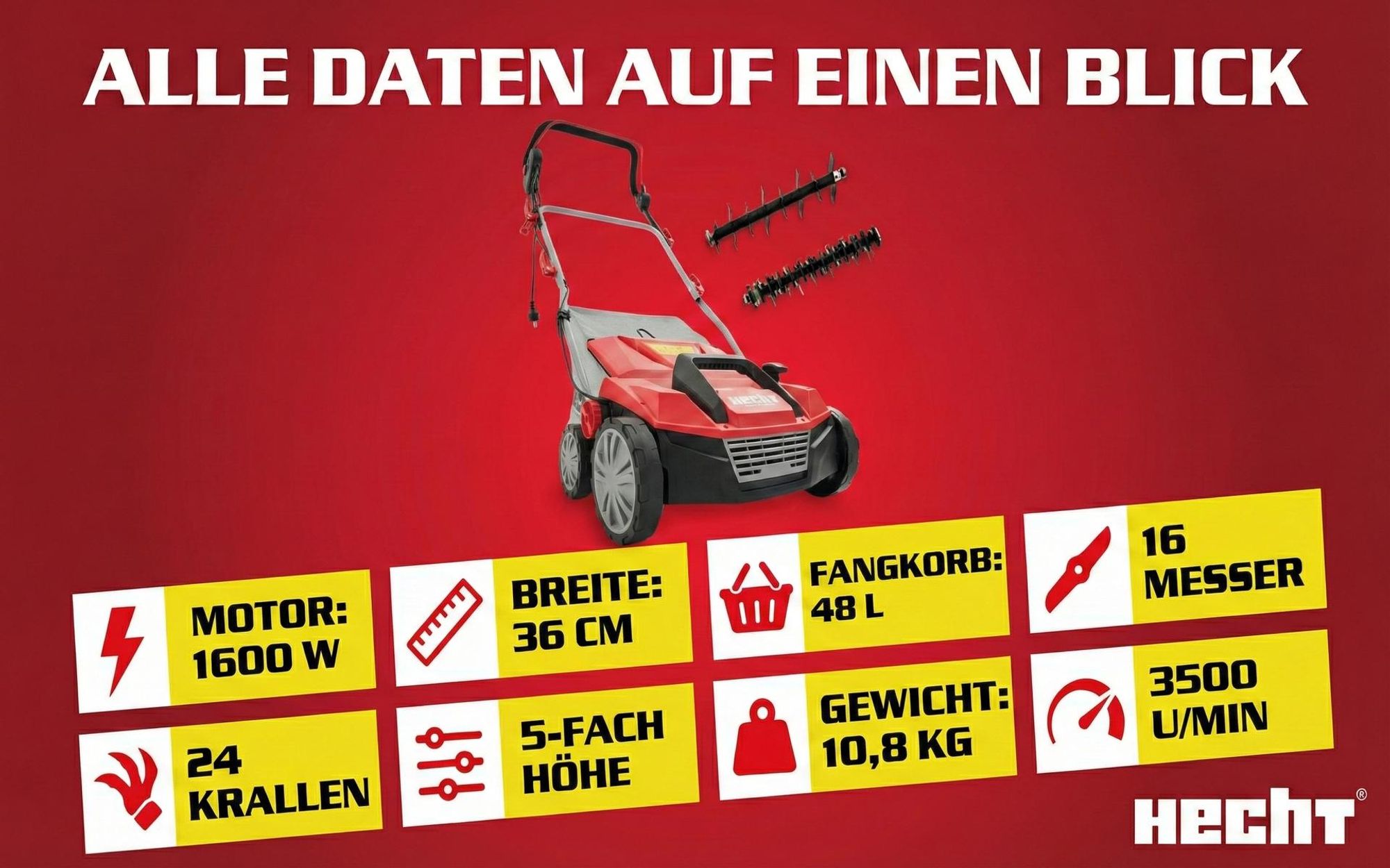 HECHT 1683 Vertikutierer Elektro | 2in1 Rasenlüfter | 36 cm Arbeitsbreite | 1600W | 48L Fangkorb | 3500 U/min | 16 Messer | 24 Krallen