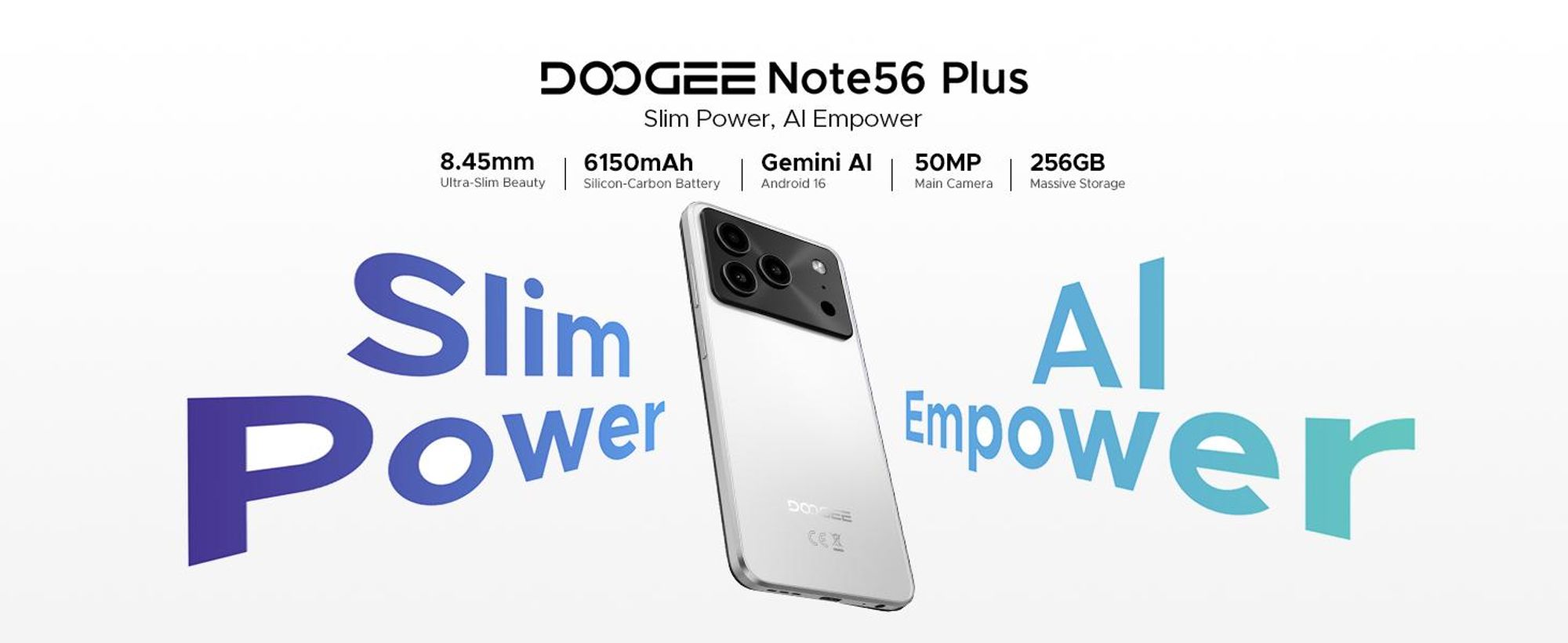 DOOGEE Note56 Plus, smartphone, Android 16, 6,56" displej s obnovovací frekvencí 90 Hz, baterie 6150 mAh, 48 GB RAM + 256 GB úložiště, 4G, 50 MP fotoaparát, NFC, čtečka otisků prstů, rozpoznávání obličeje, bez smlouvy