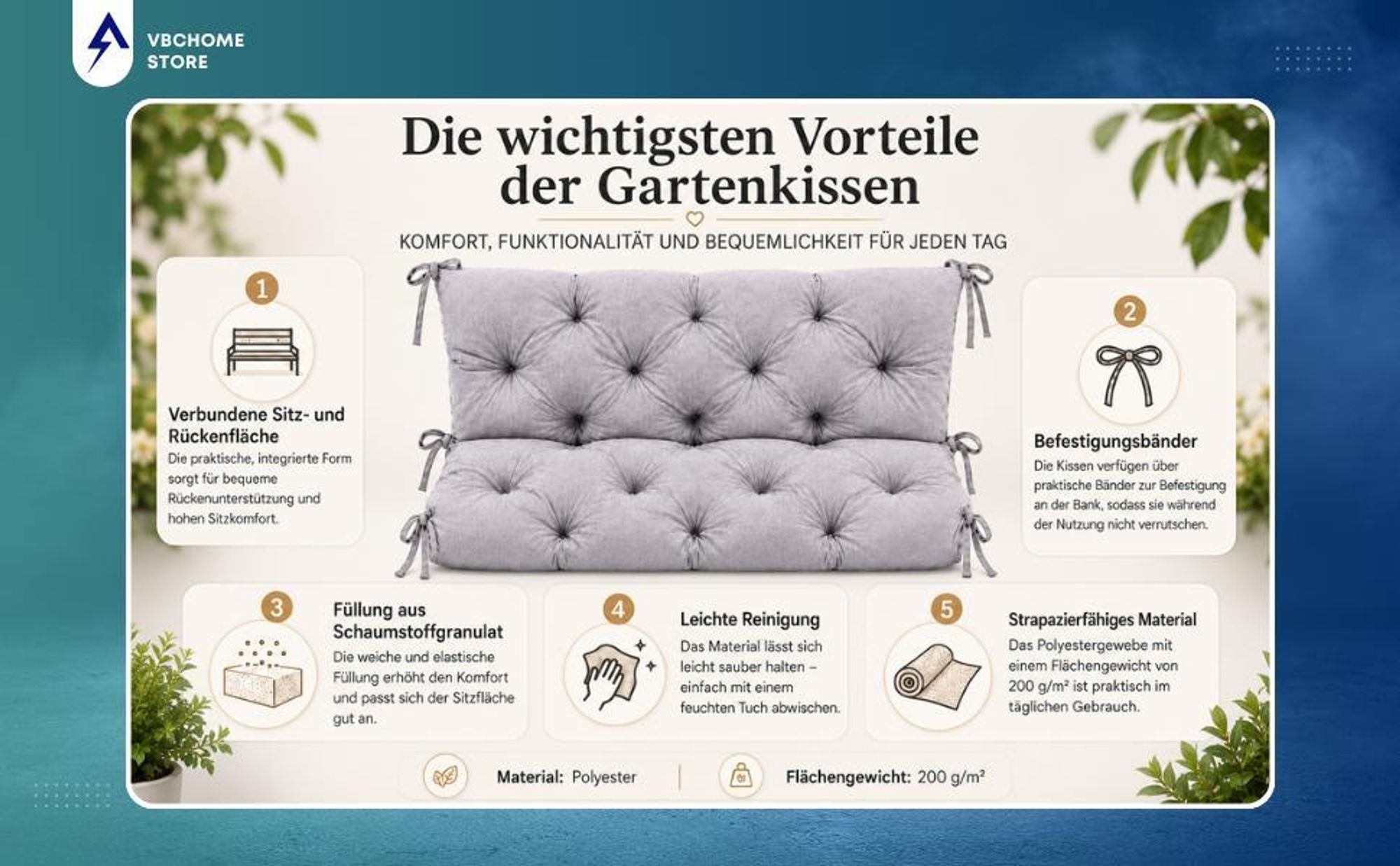 VBChome Bankauflage 120 cm mit Rückenlehne Polyester Füllung aus Schaumstoffgranulat Weich Gesteppt Pflegeleicht (Grau 120 x 90 x 10 cm)