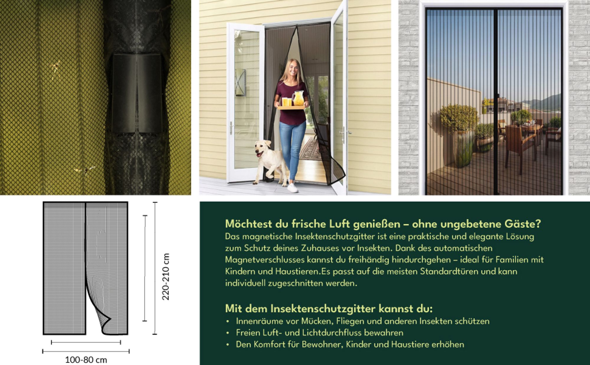 KRUMAD Fliegengitter Tür Magnet 100x220 cm Zuschneidbar 80/90/100 x 210/220 cm Insektenschutz Balkontür ohne Bohren Fliegengitter Balkontür Schwarz