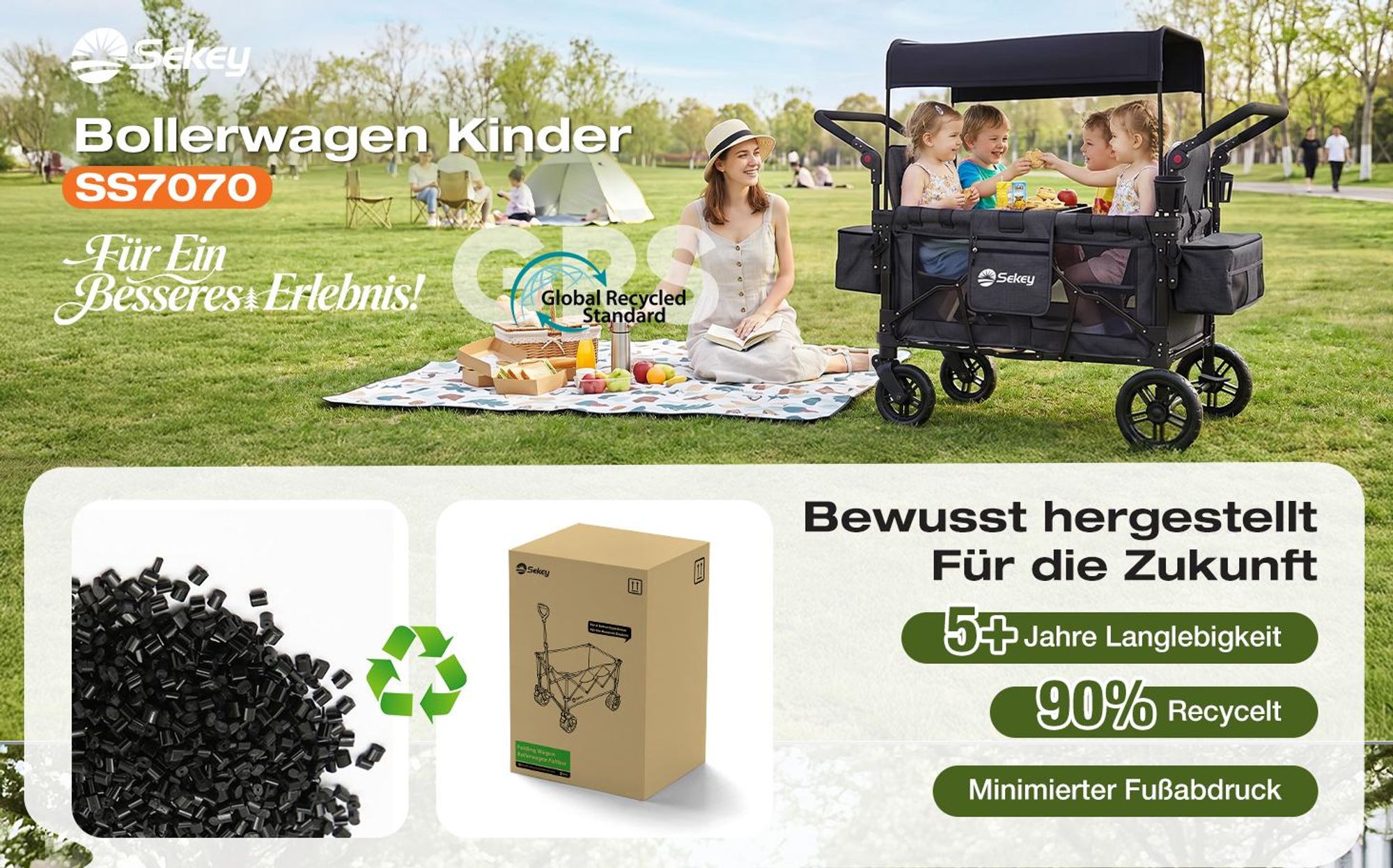 Sekey Faltbarer Bollerwagen mit Dach, Kinderwagen für 2-4 Kinder, 4 Sitzer Zwillingskinderwagen mit 4 integrierten 5-Punkt-Gurtsystem, Schwarz