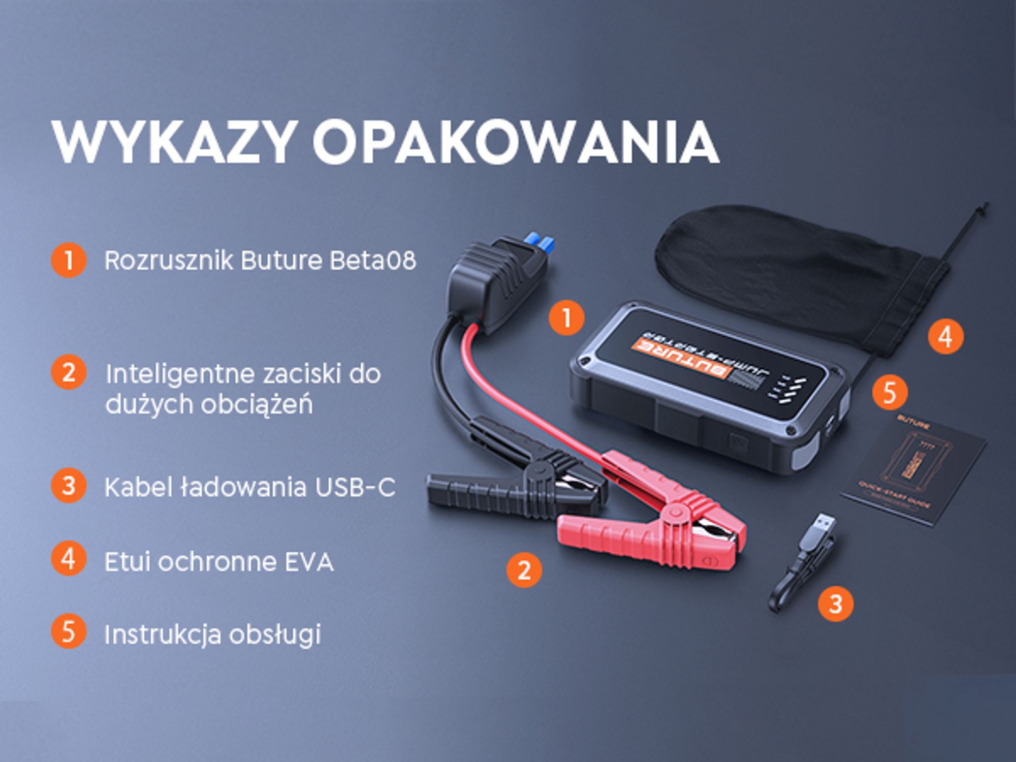 Buture Jump Starter Power Bank, 3000A szczytowy prąd, PD45W szybkie ładowanie, Starter Power Bank samochodowy Jump Starter, Beta08