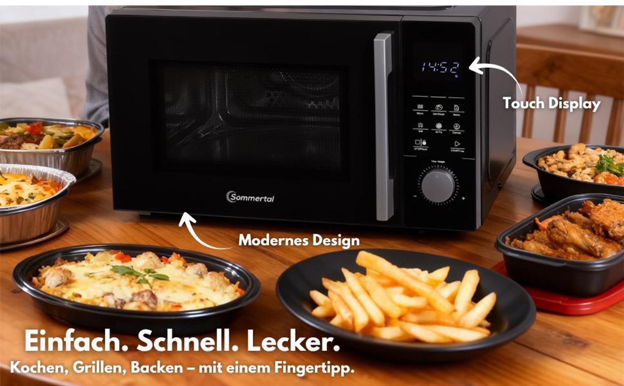 Sommertal 4in1 Mikrowelle MW2200 25L - Touch, Grill, Heißluft, 8 Programme, 60 Min Timer, Kindersicherung, Express-Start, Rost, Crisp-Pfanne