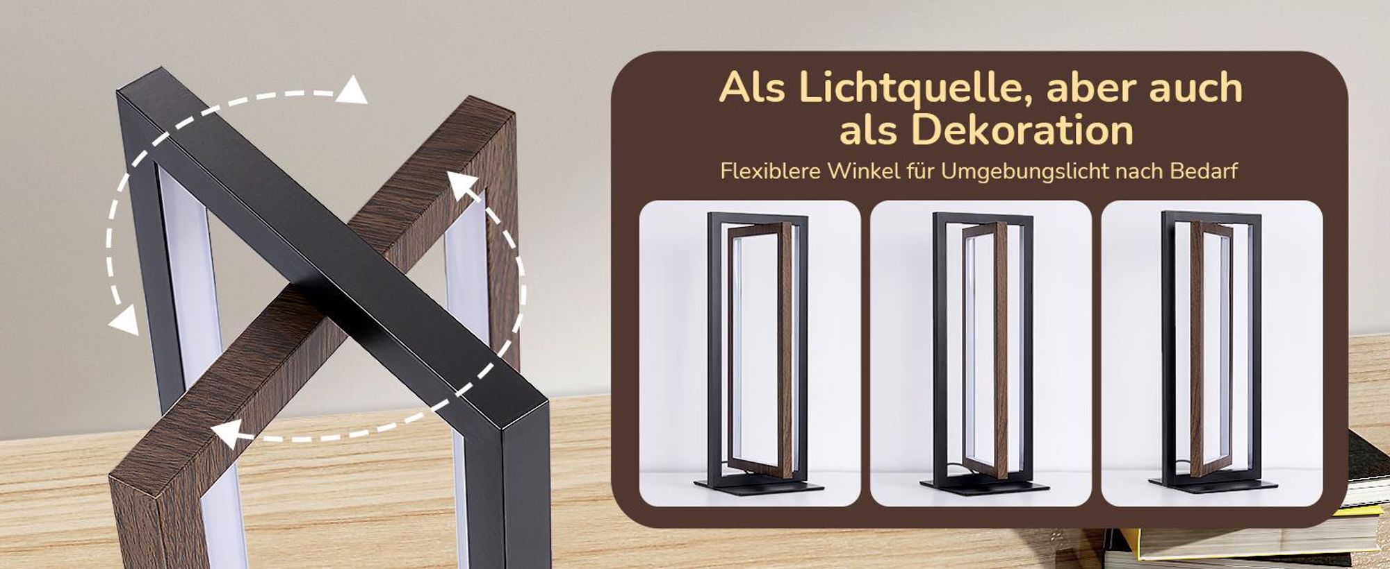 EDISHINE LED Tischlampe, Touch Dimmbare Nachttischlampe, 3 Farbtemperaturen Moderne Schreibtischlampe, Schwarz Walnuss-dunkel