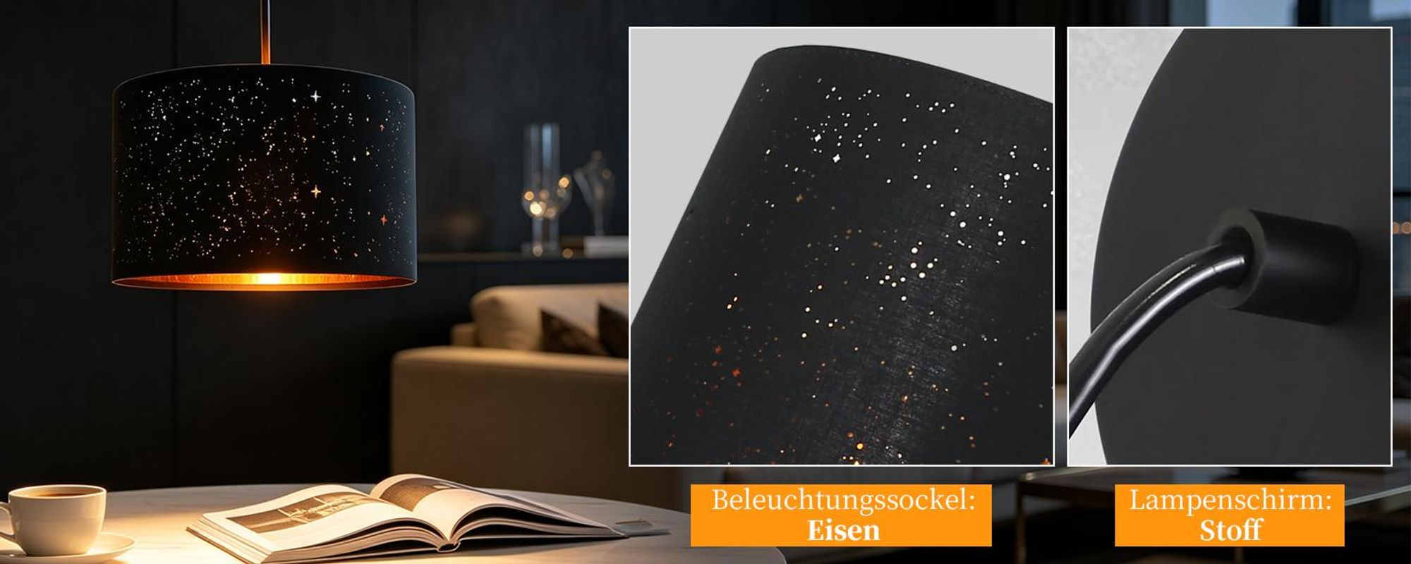 ZMH Pendelleuchte Schwarz esstisch Hängelampe  Modern  Hängeleuchte  Stern Stoffschirm Design Esstischlampe E27 Fassung Pendellampe für Wohnzimmer Esszimmer Schlafzimmer