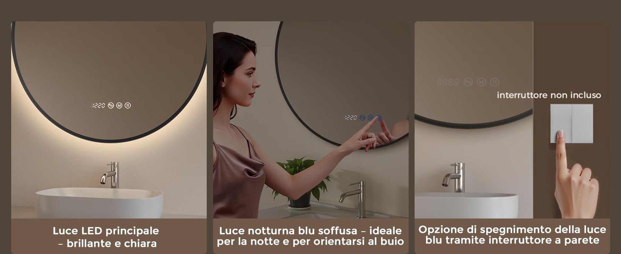S'AFIELINA Specchio Bagno LED Rotondo 80 cm, Cornice Nera, 3 colori di luce, luminosità regolabile, antiappannamento, orologio e temperatura