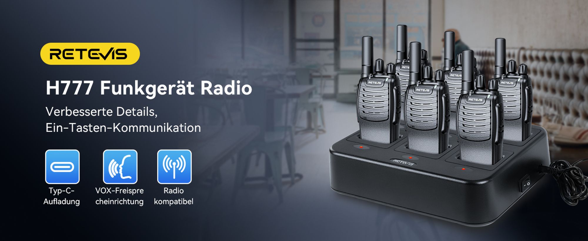 Retevis H777 Funkgerät, Walkie Talkie mit 6 Fach Ladegerät, Taschenlampe, Ein-Klick-Alarm, Frequenzbindung mit Einem Klick, VOX, Robust, Walkie Talkie