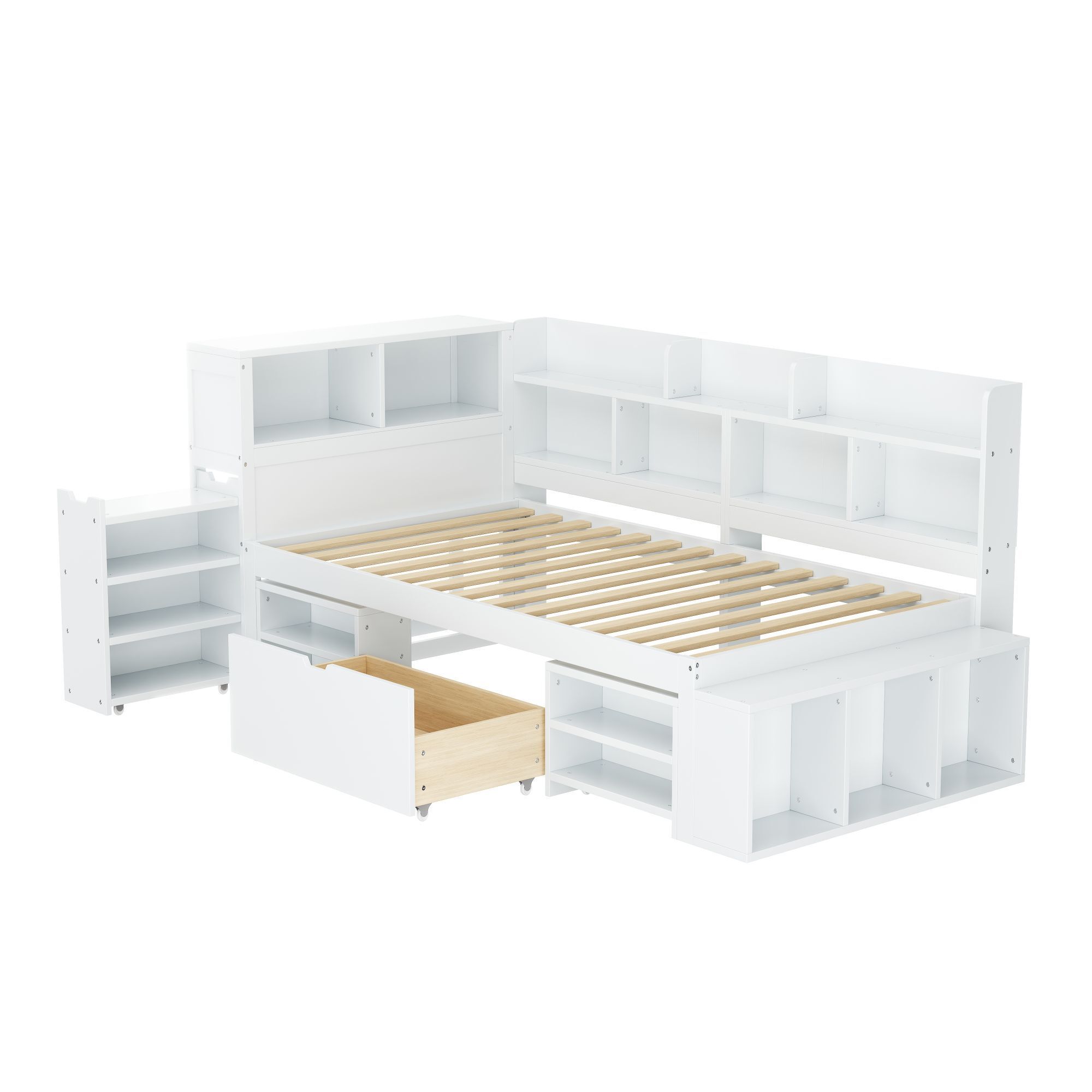 Flieks Holzbett Klassisches Bett Stauraumbett 90x200cm mit Ausziehbarem Schrank, Einzelbett Jugendbett mit Staufach, Kinderbett mit Lattenrost, Weiß