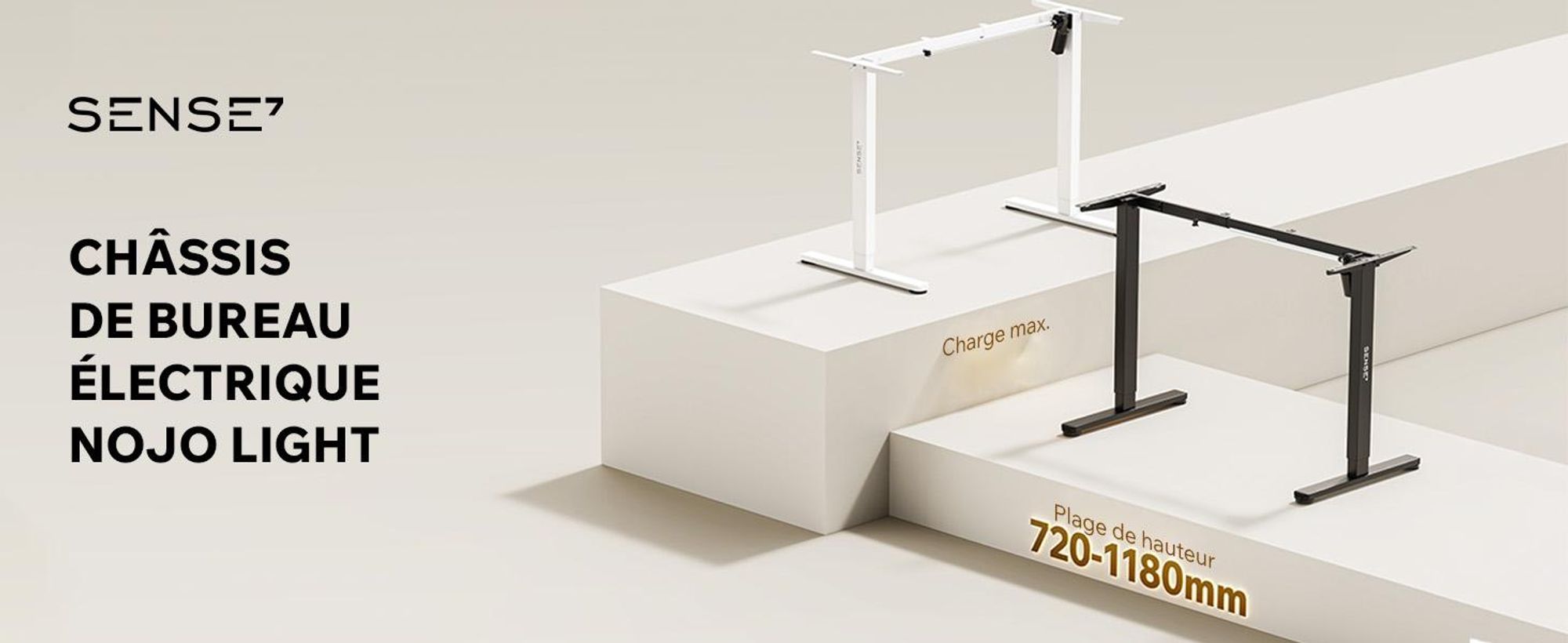 SENSE7 NOJO Light : piètement de bureau électrique réglable en hauteur | 72-118 cm, fonction mémoire, support pour casque, charge max. 70 kg, piètement en acier