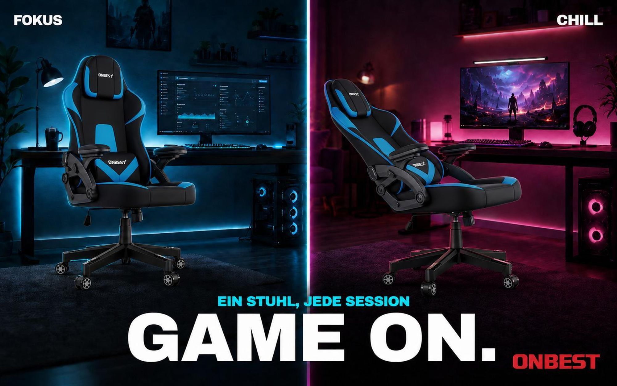 ONBEST Gaming Stuhl | Ergonomisch | mit Lordosenkissen | 150 kg | 360° | verstellbare Armlehnen Kopfstütze Rückenlehne