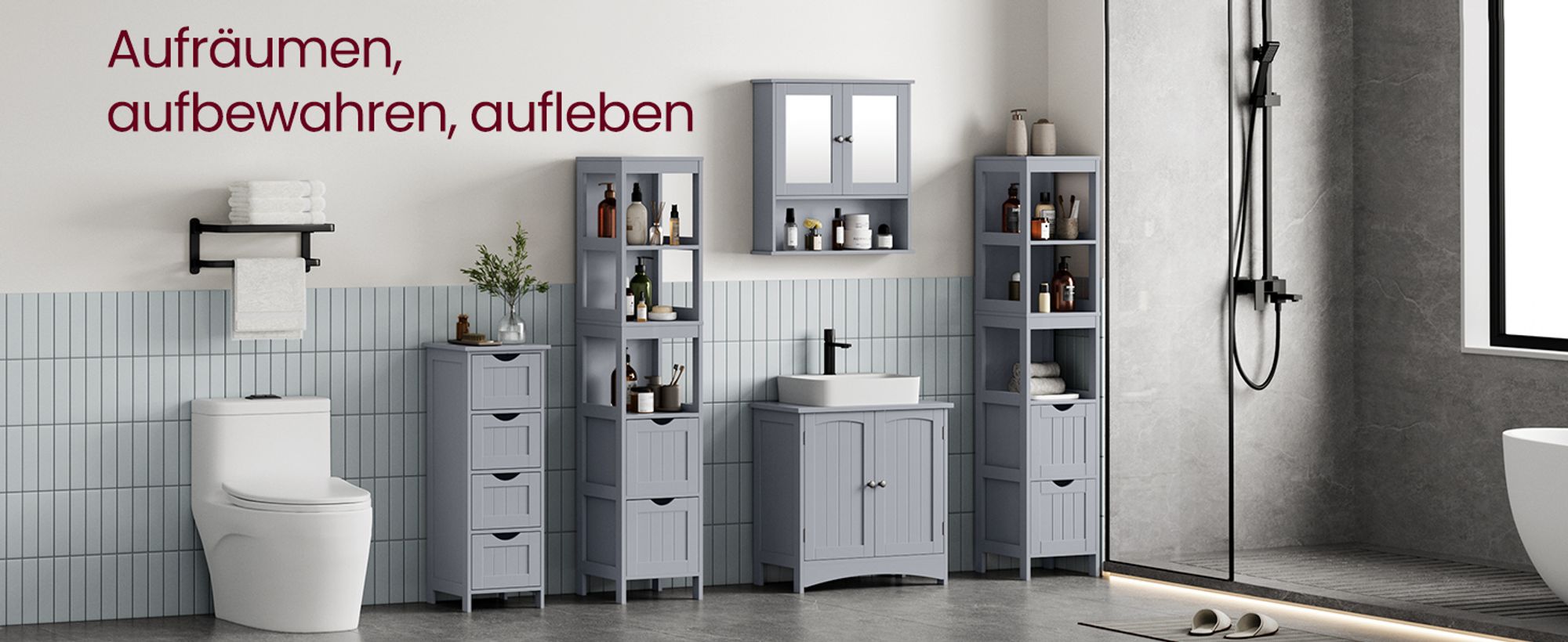 VASAGLE Hochschrank Badezimmer, Badezimmerschrank schmal, 2 Schubladen, 3 offene Fächer, 30 x 30 x 141,5 cm, Taubengrau