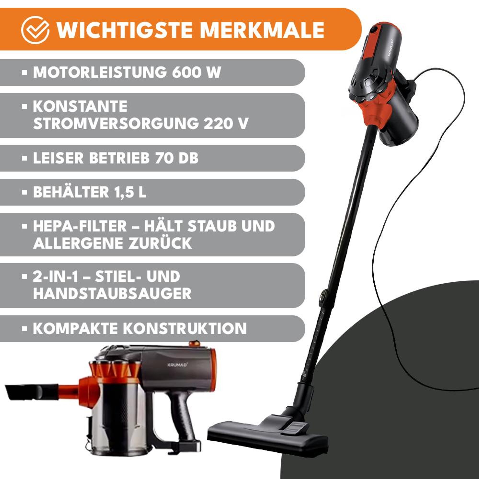 KRUMAD Staubsauger 600W - Beutelloser Bodenstaubsauger mit HEPA-Filter, 1,5L Behälter, 5m Kabel, Leichter & Leiser Handstaubsauger für Teppiche, Lamin