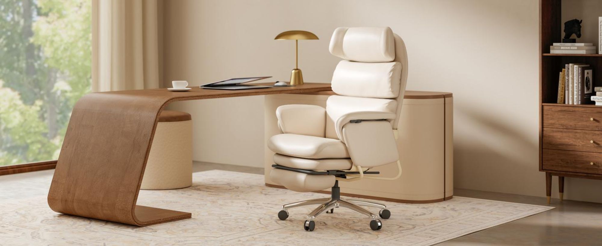 FLEXISPOT HC4 Pro 3-in-1 Chefsessel Bürostuhl mit 165° Liegefunktion, 3D-Kopfstütze, kratzfestem & wasserabweisendem Kunstleder und Fußstütze (Beige)