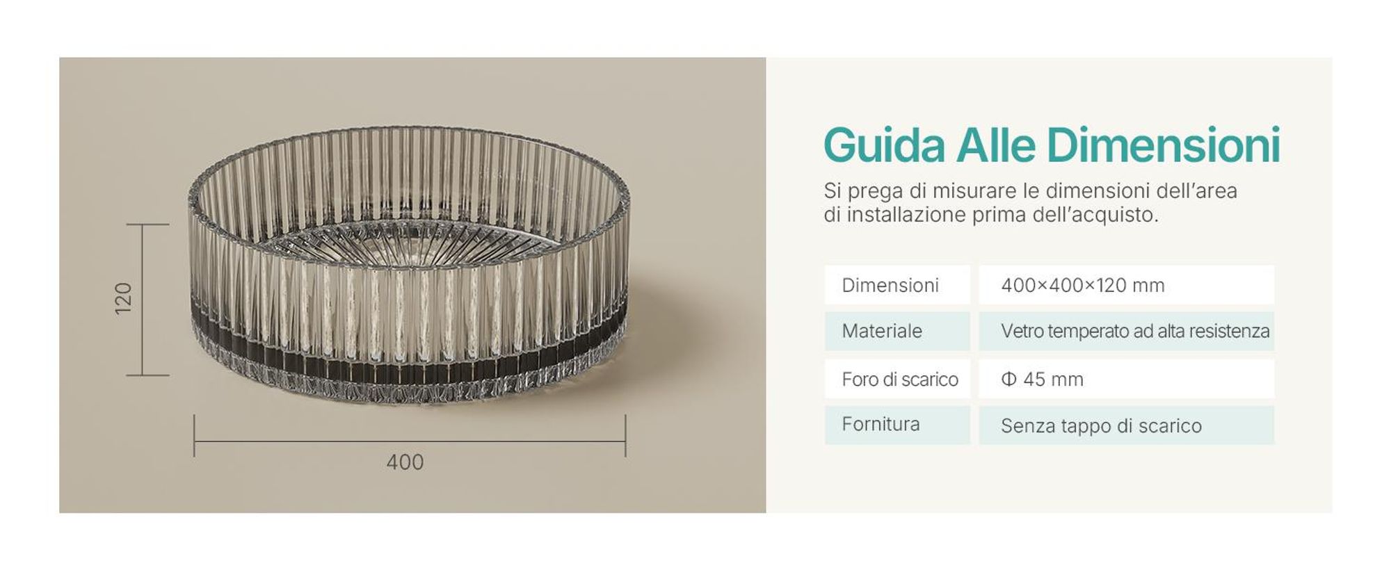 Lavabo da appoggio EMKE rotondo 400x400x120mm in vetro cristallo temperato grigio trasparente galvanico, senza foro per rubinetto e troppopieno, design moderno