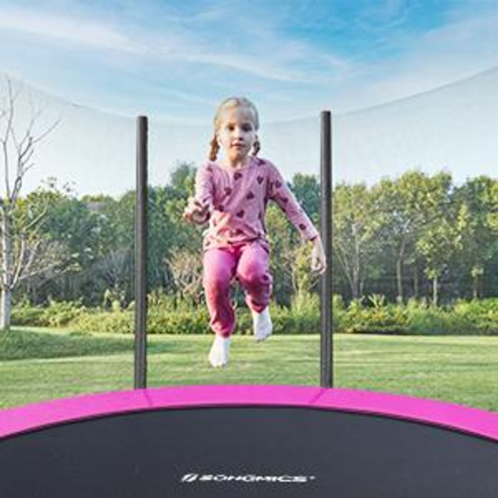 SONGMICS Trampolin Ø 183 cm, rundes Gartentrampolin mit Sicherheitsnetz, mit gepolsterten Stangen, Sicherheitsabdeckung, sicher, outdoor, schwarz