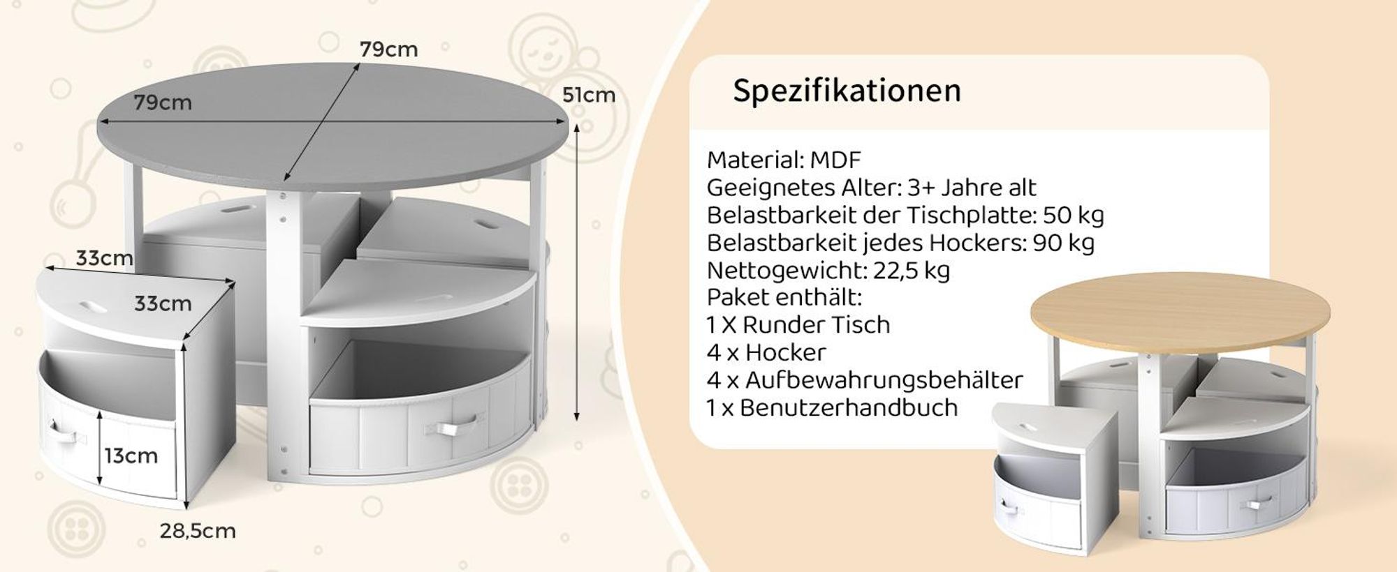COSTWAY Kindertisch mit 4 Stühlen, Kindersitzgruppe aus Holz mit 4 Stauraumhocker & 4 Stoffschubladen, Maltisch, Sitzgruppe für Kinder ab 3+, Rosa