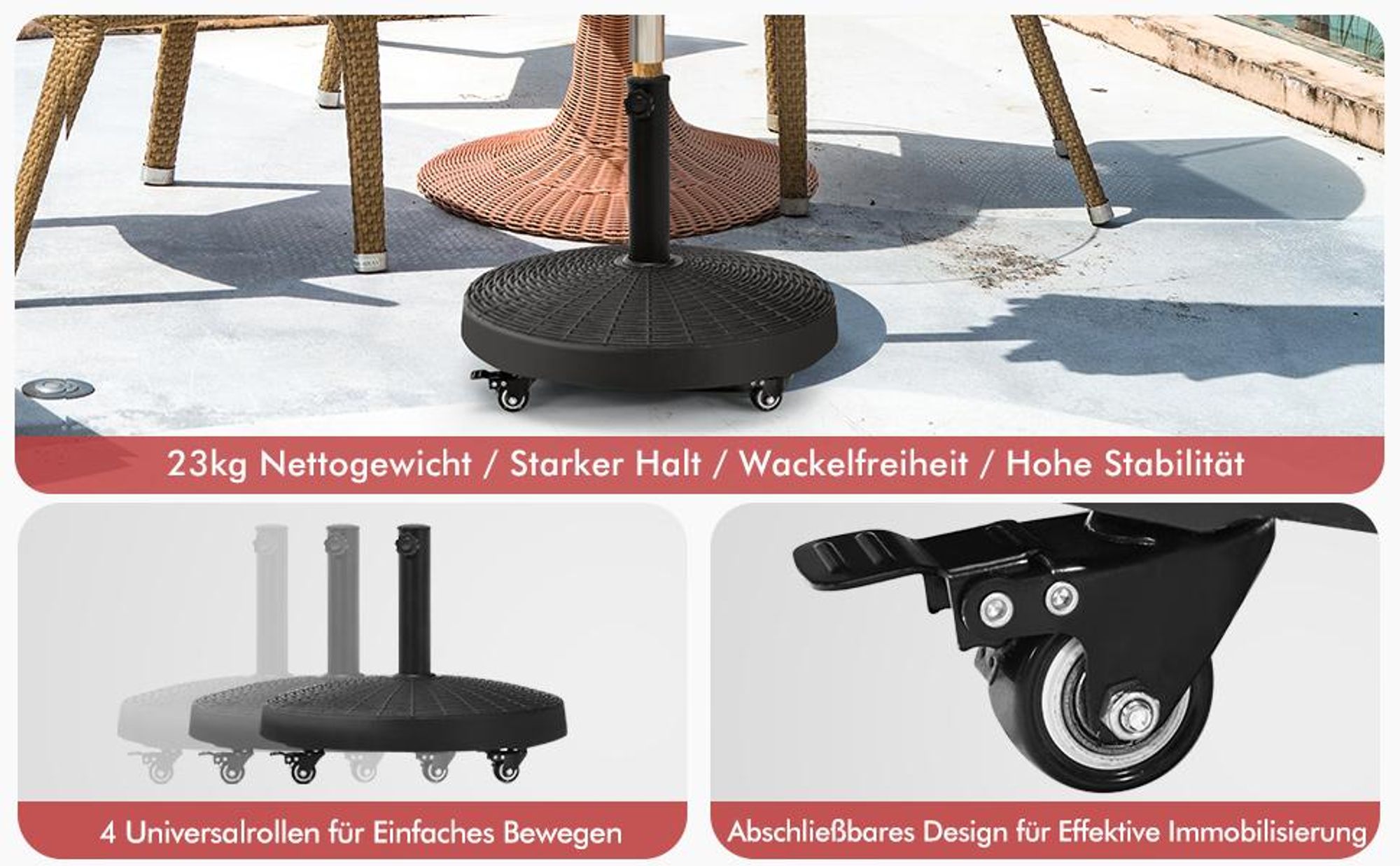 COSTWAY 23kg Sonnenschirmständer mit Rollen, Φ52cm Marktschirmständer rund, Schirmständer Balkonschirmständer für 38/48mm Gestänge Sonnenschirmfuß