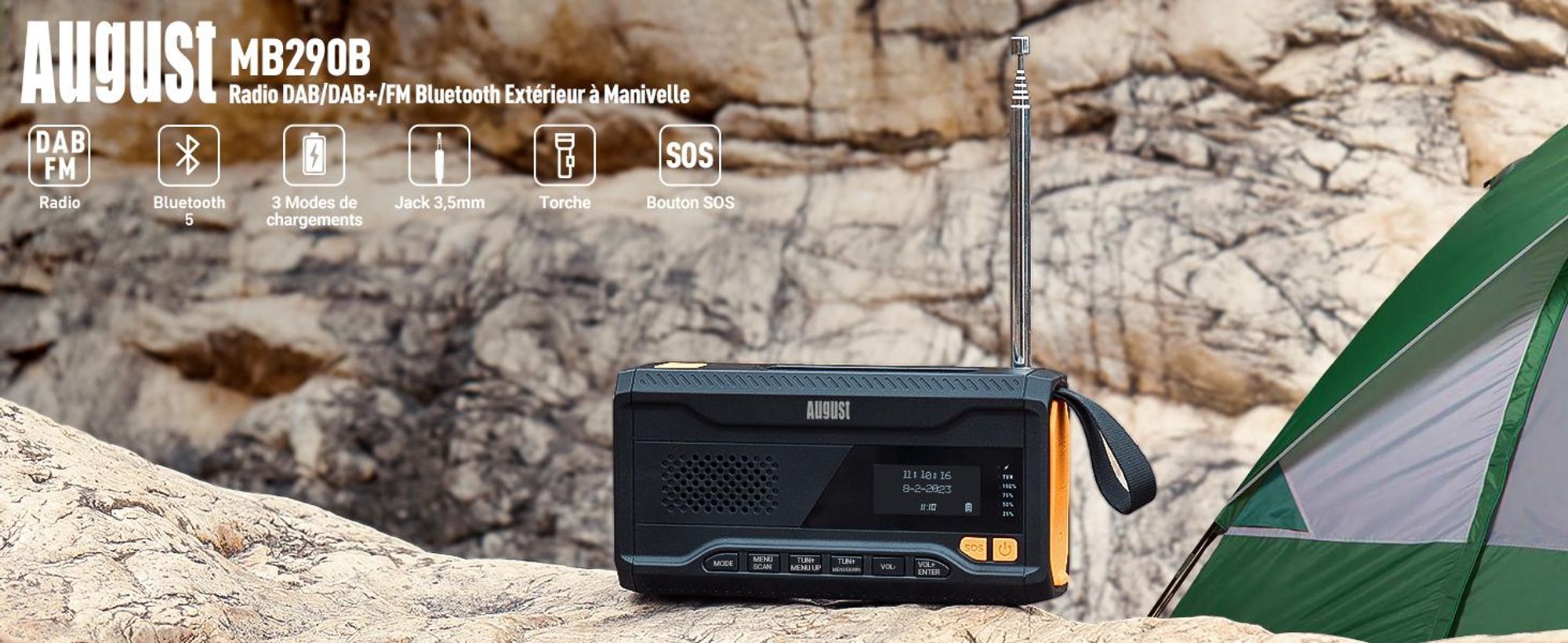 Radio DAB+ FM à manivelle rechargeable à l'énergie solaire avec batterie externe Bluetooth - August MB290