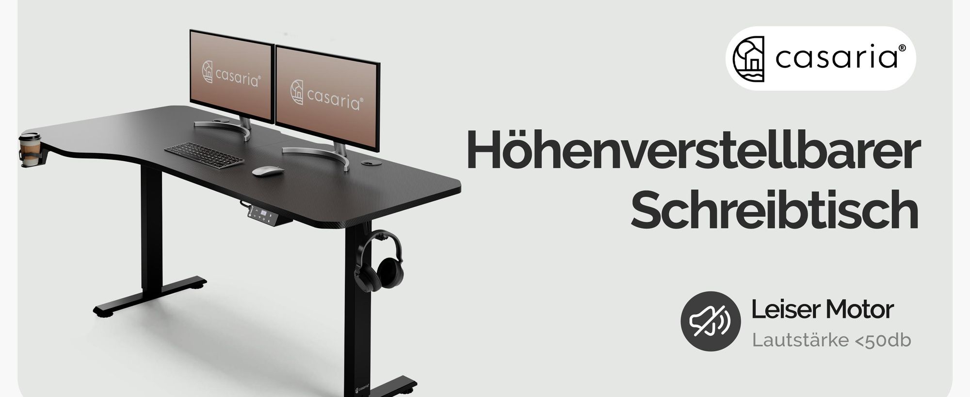 CASARIA® Höhenverstellbarer Schreibtisch 160x75 cm elektrisch mit Kopfhörerhalter Tassenhalter Modern Büro Gaming PC Computer Tisch Schwarz Carbon-Optik