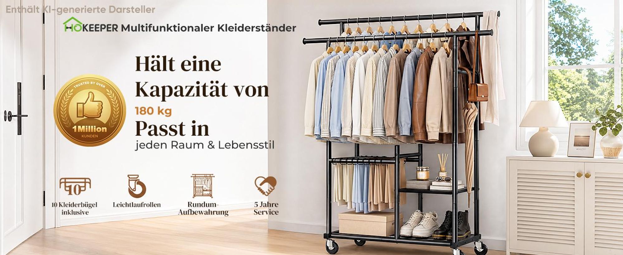 HOKEEPER Kleiderständer mit Doppelstangen, Holzablage, 180 kg Tragkraft