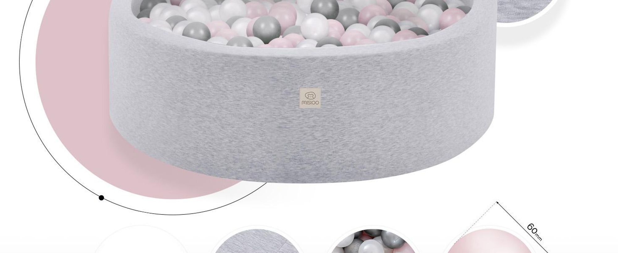 MISIOO Smart ball bath 90x30 cm/200 palline - Bagno di palline per bambini per la cameretta - Giocattolo per bambini - Grigio chiaro: rosa chiaro/perle/argento