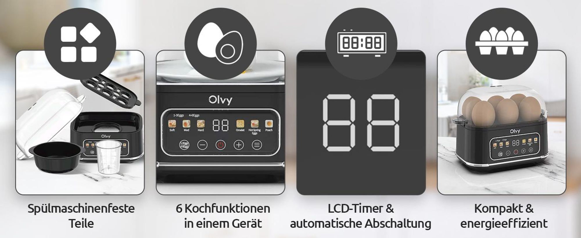 Olvy Eierkocher für 1-6 Eier mit Omelett- & Pochierfunktion – LCD-Timer, Abschaltautomatik, BPA-frei, leicht zu reinigen, elektrisch & kompakt