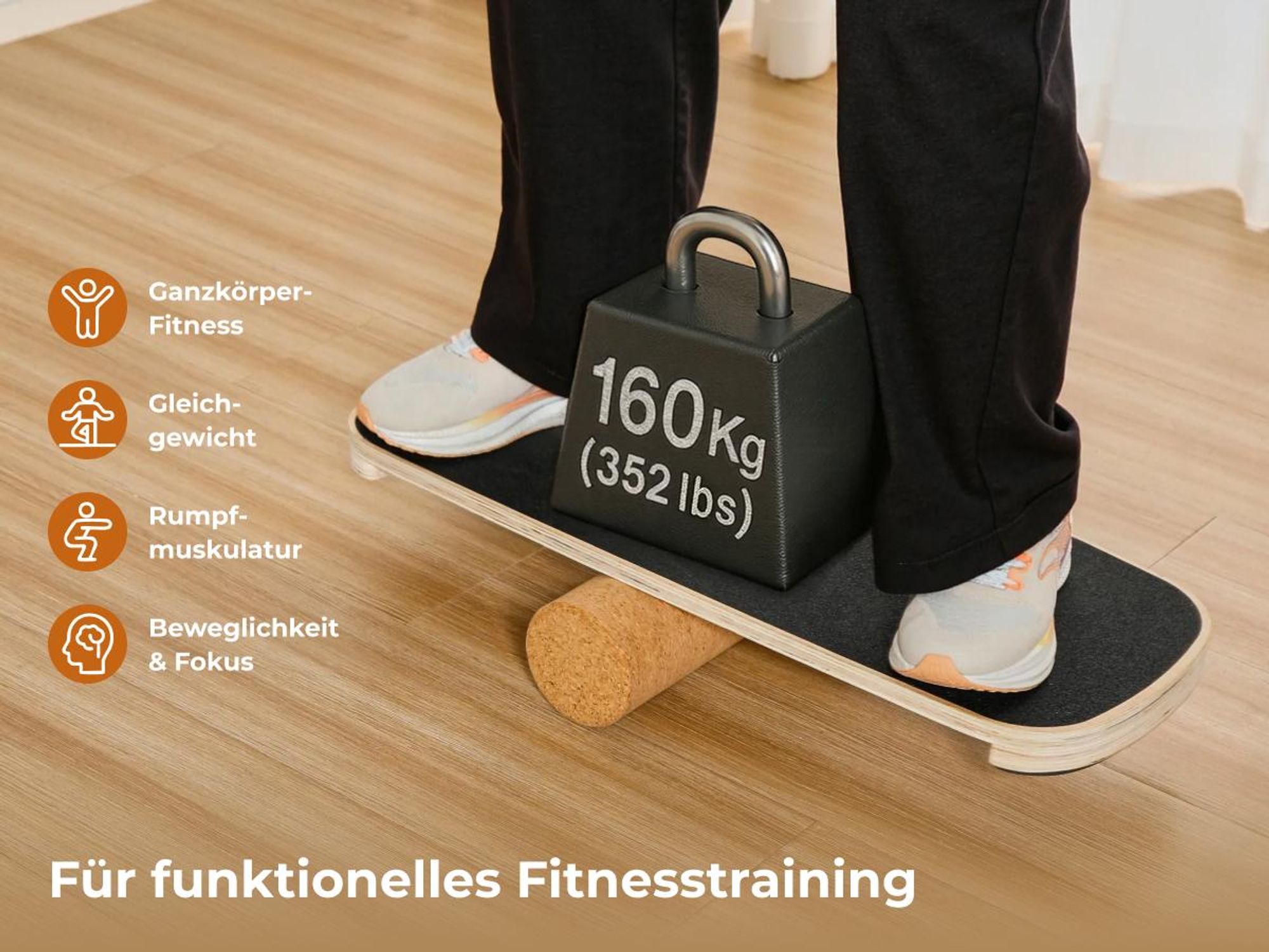 Planche d'équilibre HOKO ROLLO en bois avec rouleau en liège, idéale pour l'entraînement de l'équilibre, la coordination et les sports de planche, supportant jusqu'à 160 kg