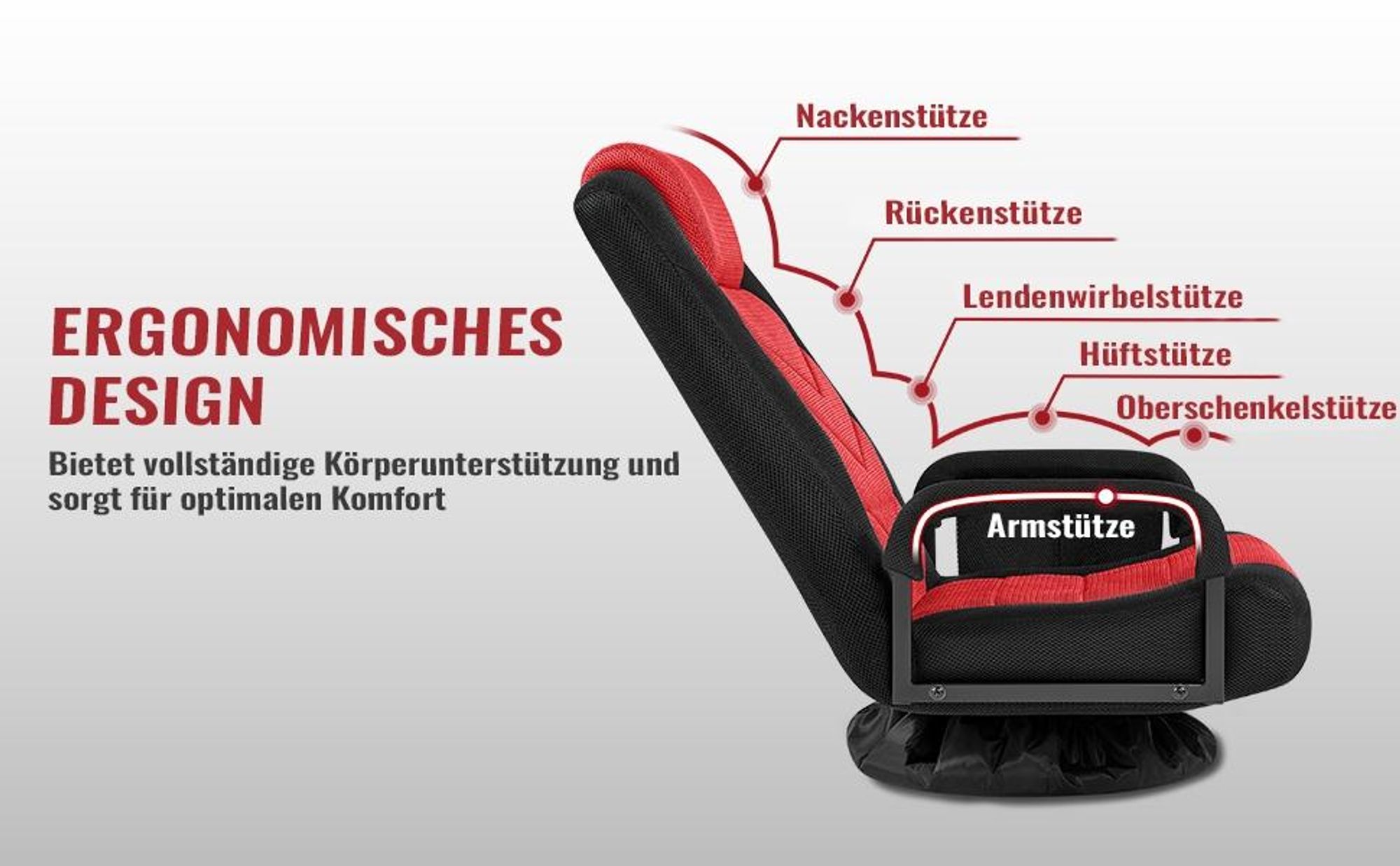 Yaheetech Bodenstuhl drehbarer Gaming-Stuhl mit verstellbarer Rückenlehne, klappbarer Bodensessel, Schwarz-Rot