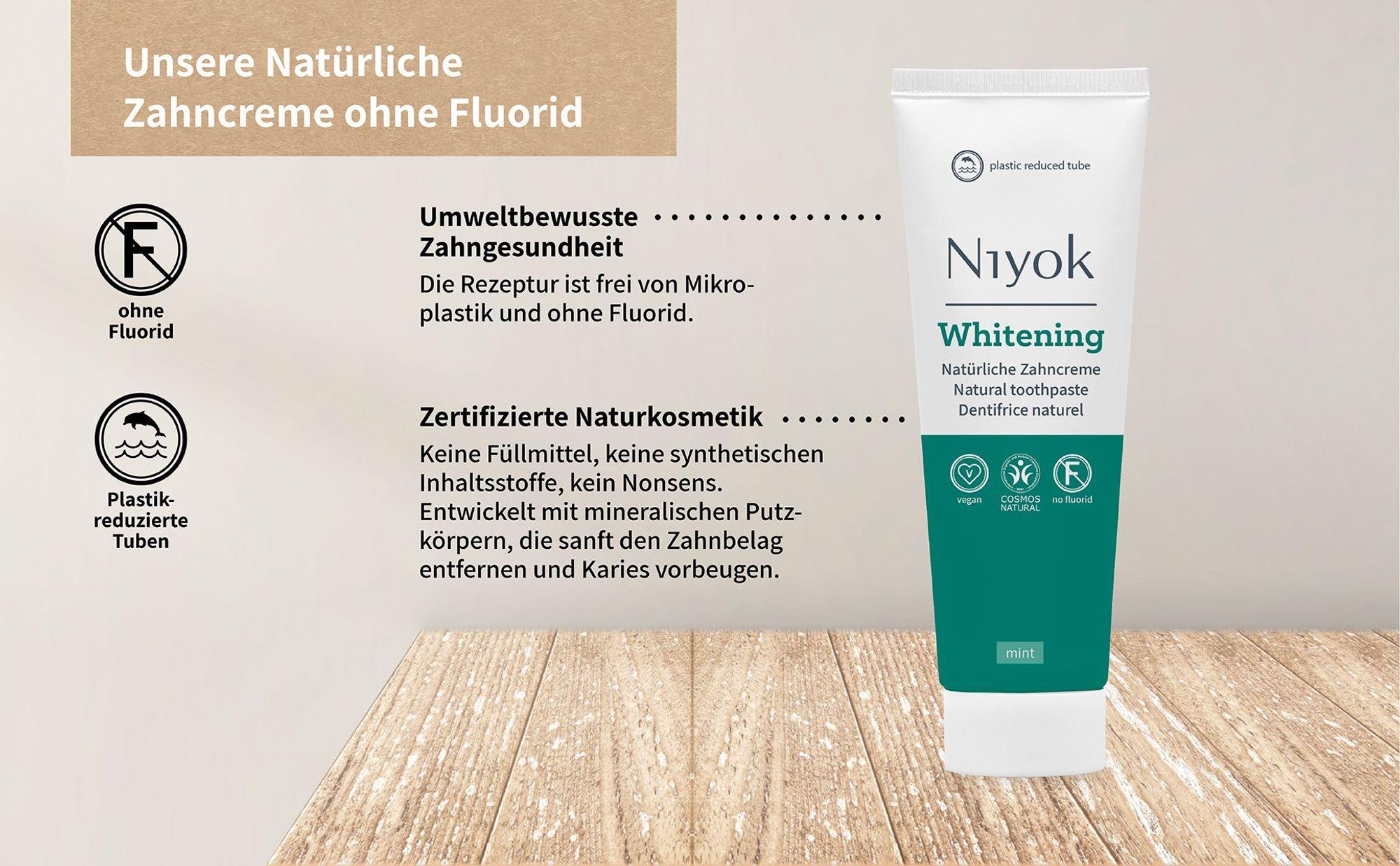 Niyok Whitening Zahnpasta "Mint"(75ml) Remineralisierende Zahnpasta für weiße Zähne, Natürliche Pflege & Frische, Plastikreduzierte Tube, Ohne Fluorid