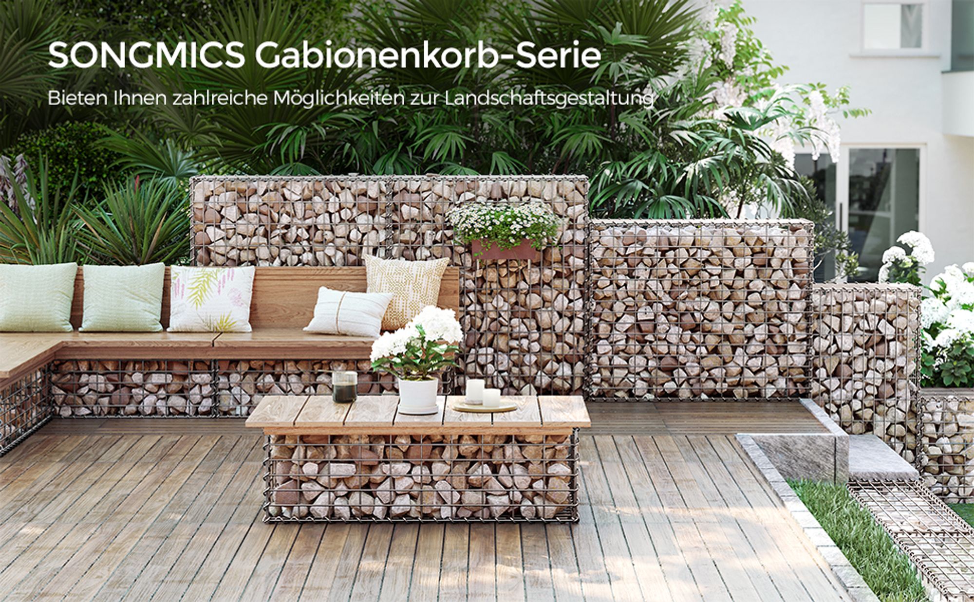 SONGMICS Gabionenkorb, Metall-Steinkorb, Steingabione Mauer, 100 x 30 x 30 cm