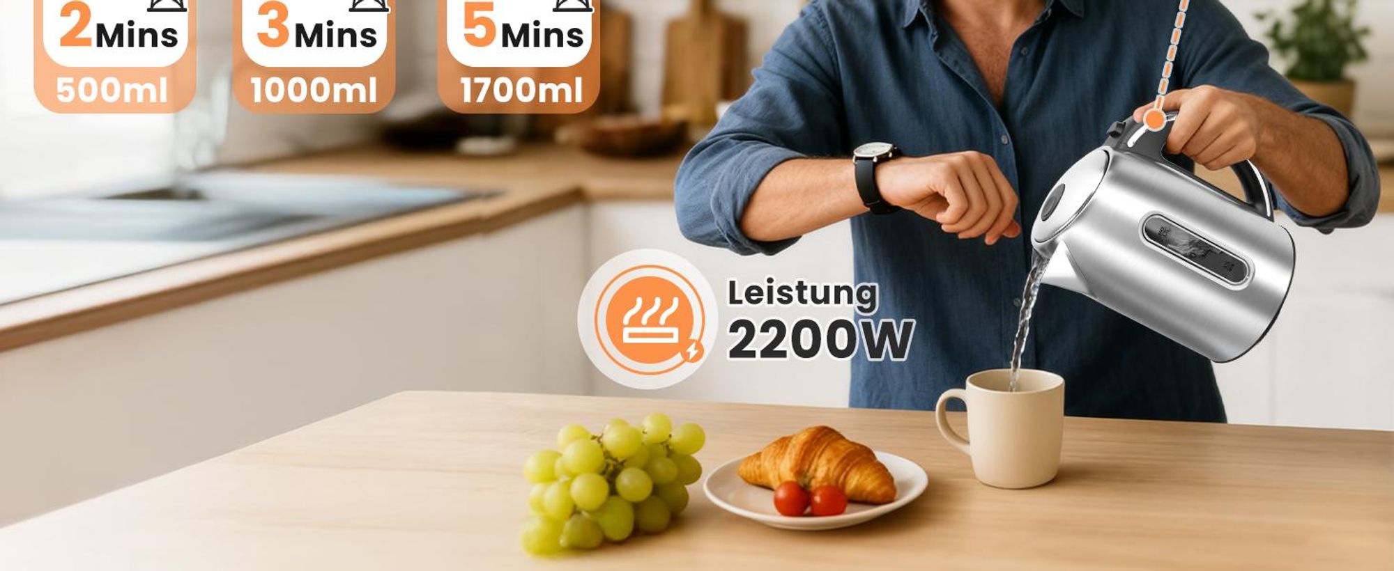 Aigostar - Wasserkocher Edelstahl 1,7L, 2200W, mit Kalkfilter, LED Beleuchtung, Mit Wasserstandsanzeige, Schnelles Kochen, Abschaltautomatik, BPA frei