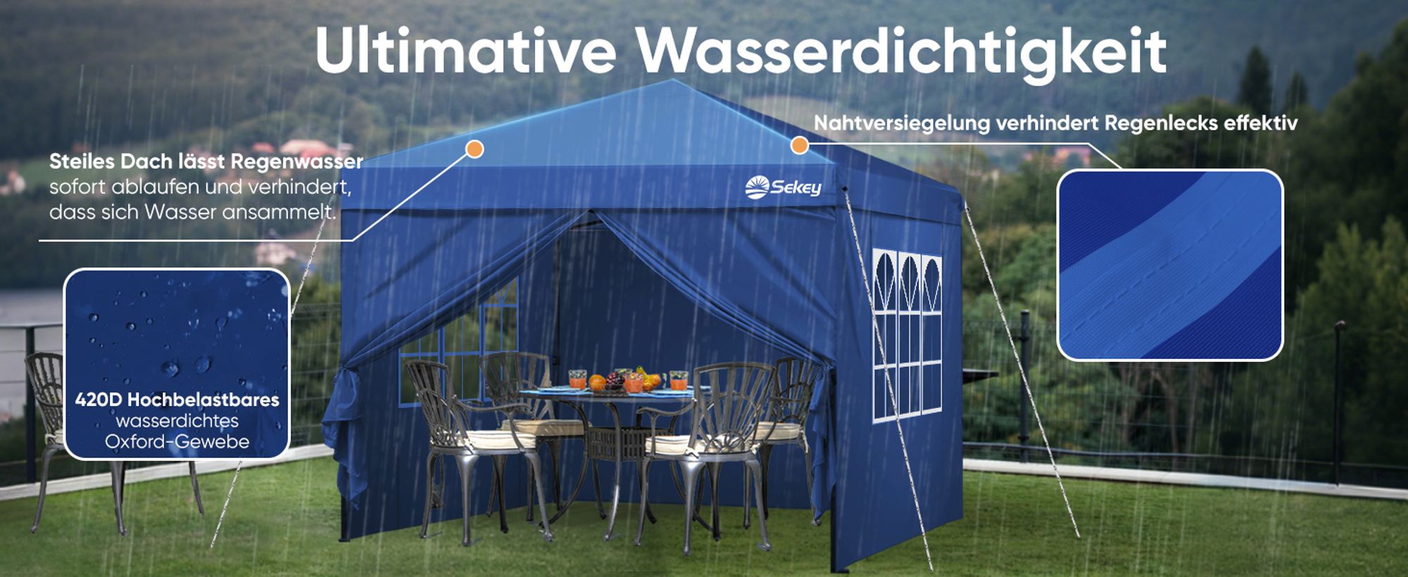 Sekey Faltpavillon 3x3 mit 4 Seitenwänden und mit 4 Sandsäcke, Wasserdicht Pop Up Pavillon für Camping, Festival, Events, Picknicks, Dunkelblau