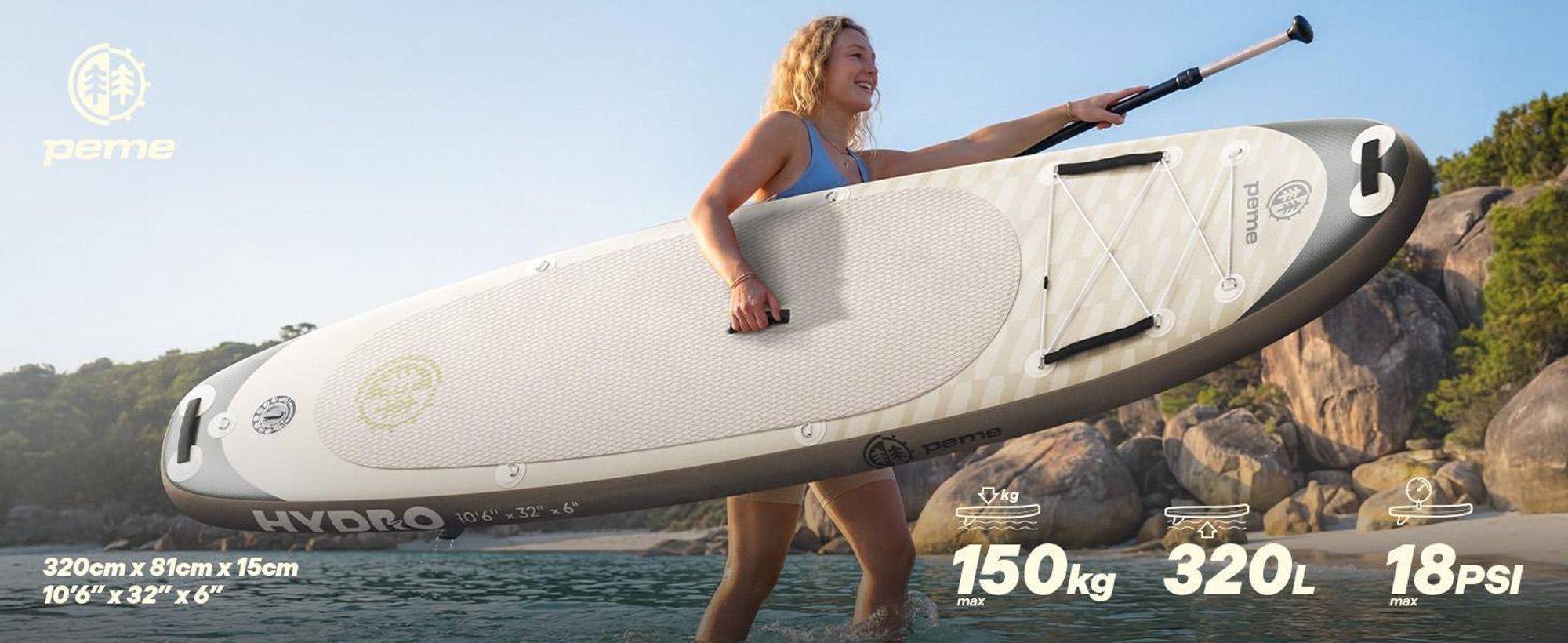 PEME Stand Up Paddle Board - Sand Storm -  350 cm - Dopple Paddel und komplette Zubehöre, SUP, Surfboard aufblasbar- Beige & Schwarz