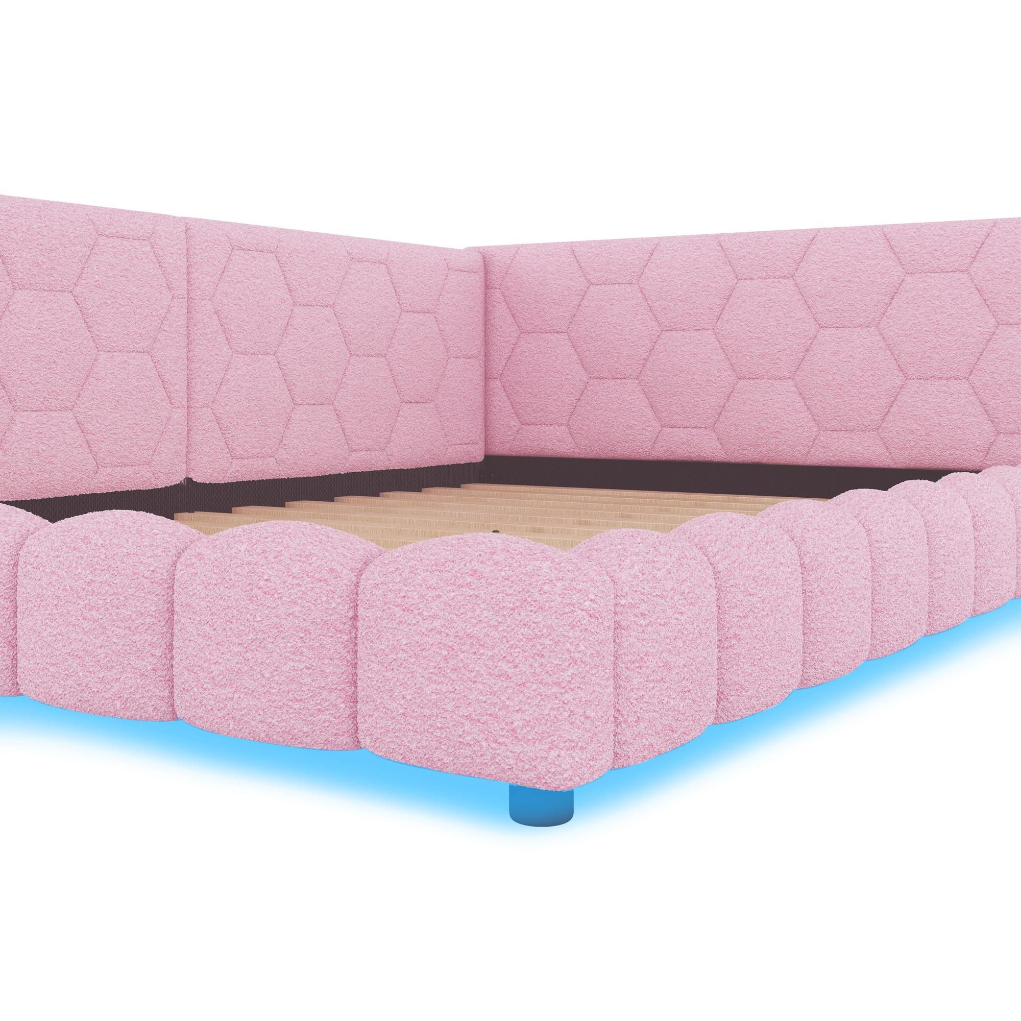 Merax Polsterbett 140x200cm mit LED und USB-Anschluss, Tagesbett mit Lattenrost, Schlafsofa aus Teddy-Plüsch, Funktionsbett Doppelbett Kinderbett Rosa