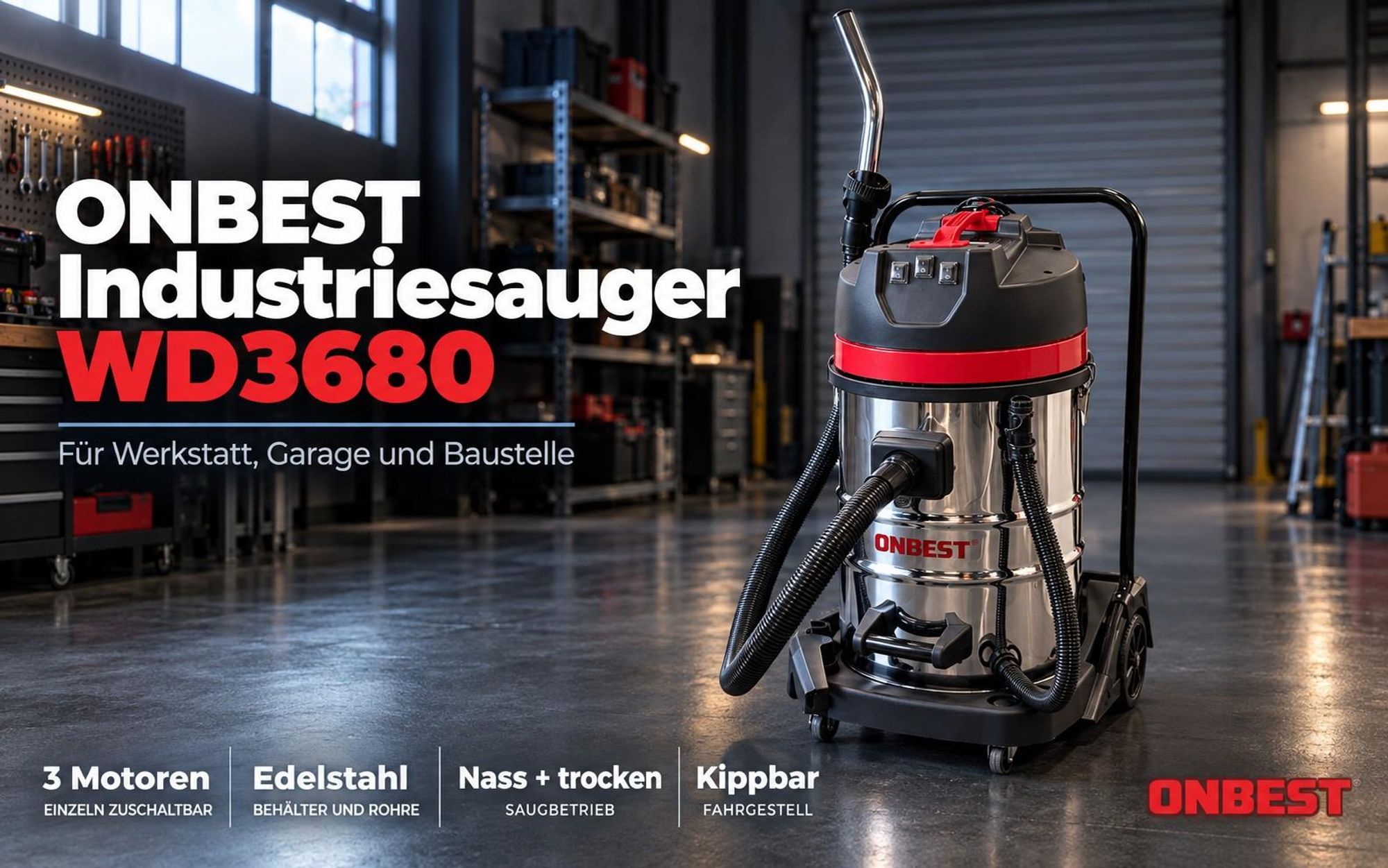 ONBEST Industriesauger WD3680 für Werkstatt, Garage und Baustelle