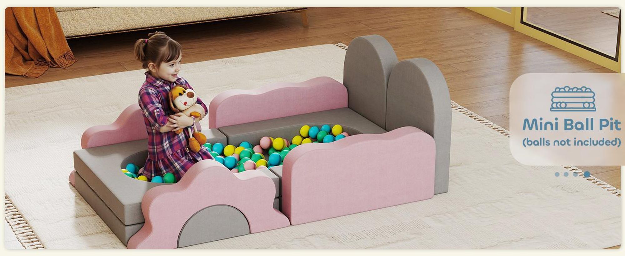Sofa do zabawy AIYAPLAY, sofa dziecięca wykonana z piankowych klocków konstrukcyjnych 12 elementów, miękkie klocki do wspinaczki z basenem z piłeczkami, zestaw klocków, duże klocki, piankowe klocki do wspinaczki dla dzieci w kolorze sztruksowym, szare