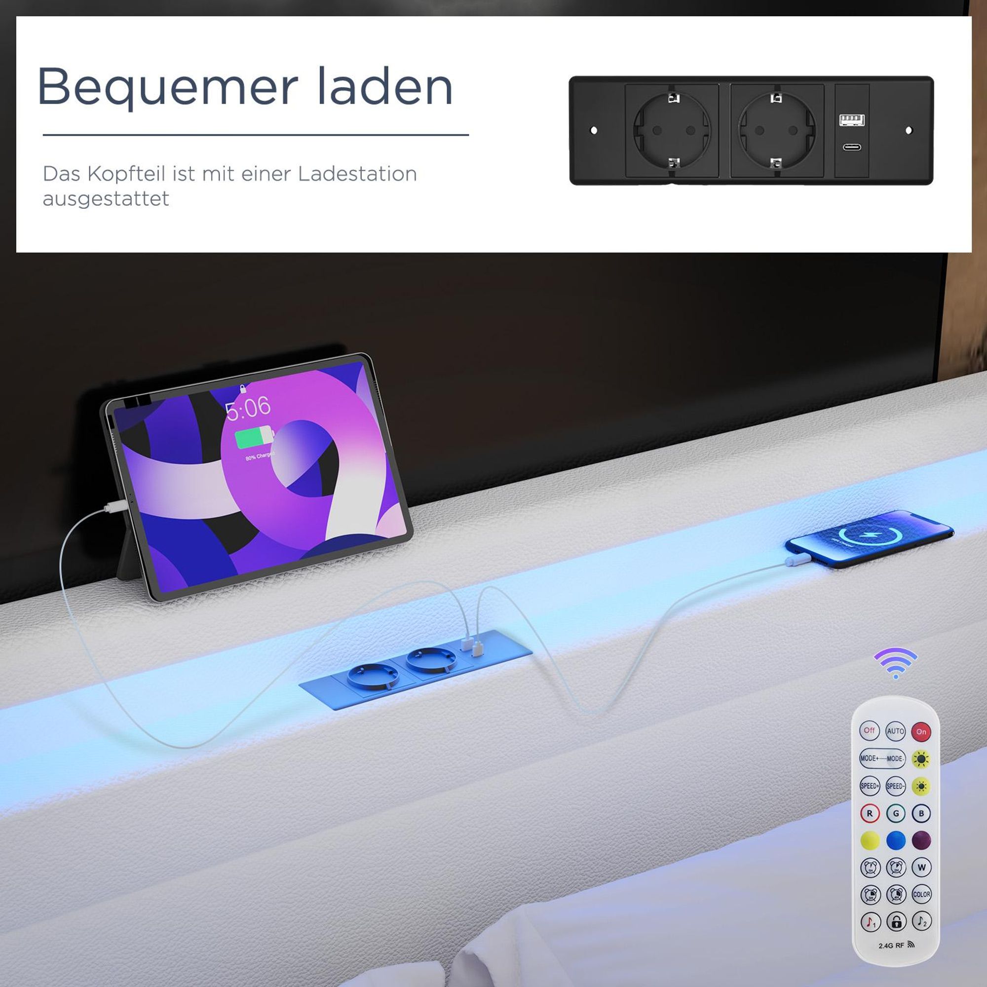 OYAJIA 140 cm x 200 cm Polsterbett LED-Beleuchtung Doppelbett mit Ladefunktion (USB&Typ-c),und 4 Schubladen,Jugendbett Bettgestll