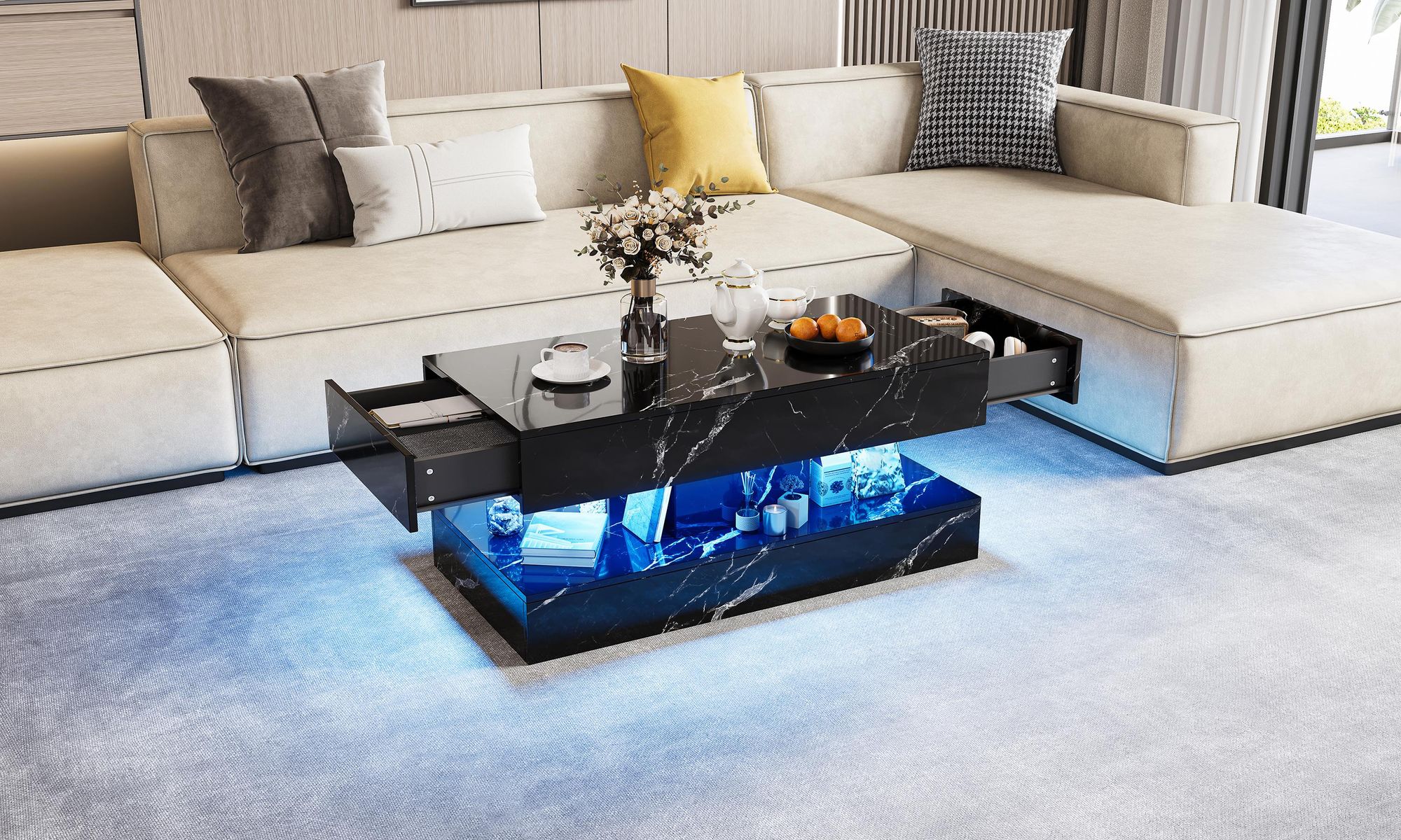 INONEFT Couchtisch mit LED und verstecktem Stauraum,2 Schubladen,Rechteckiger Hochglanz Beistelltisch,Wohnzimmertisch,Schwarz