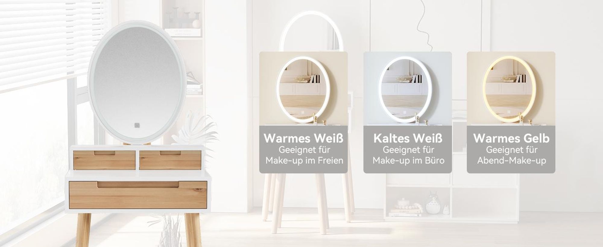Puluomis Schminktisch mit LED Beleuchtung Spiegel, Kosmetiktisch Frisiertisch mit gepolstertem Hocker und 3 Schubladen, 3 Beleuchtungmodi, Holzfarbe