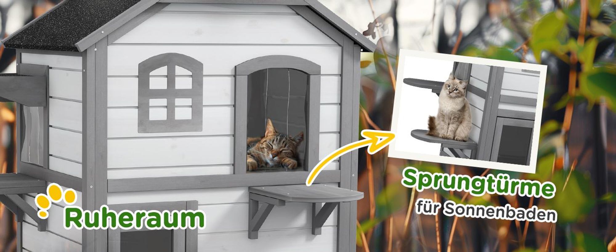 PawHut Katzenhaus aus Holz, Outdoor Katzenhütte mit Treppe, 2-Etagen, Kleintierhaus für Katzen bis 4,5 kg, Weiß, 99,5 x 76 x 91 cm