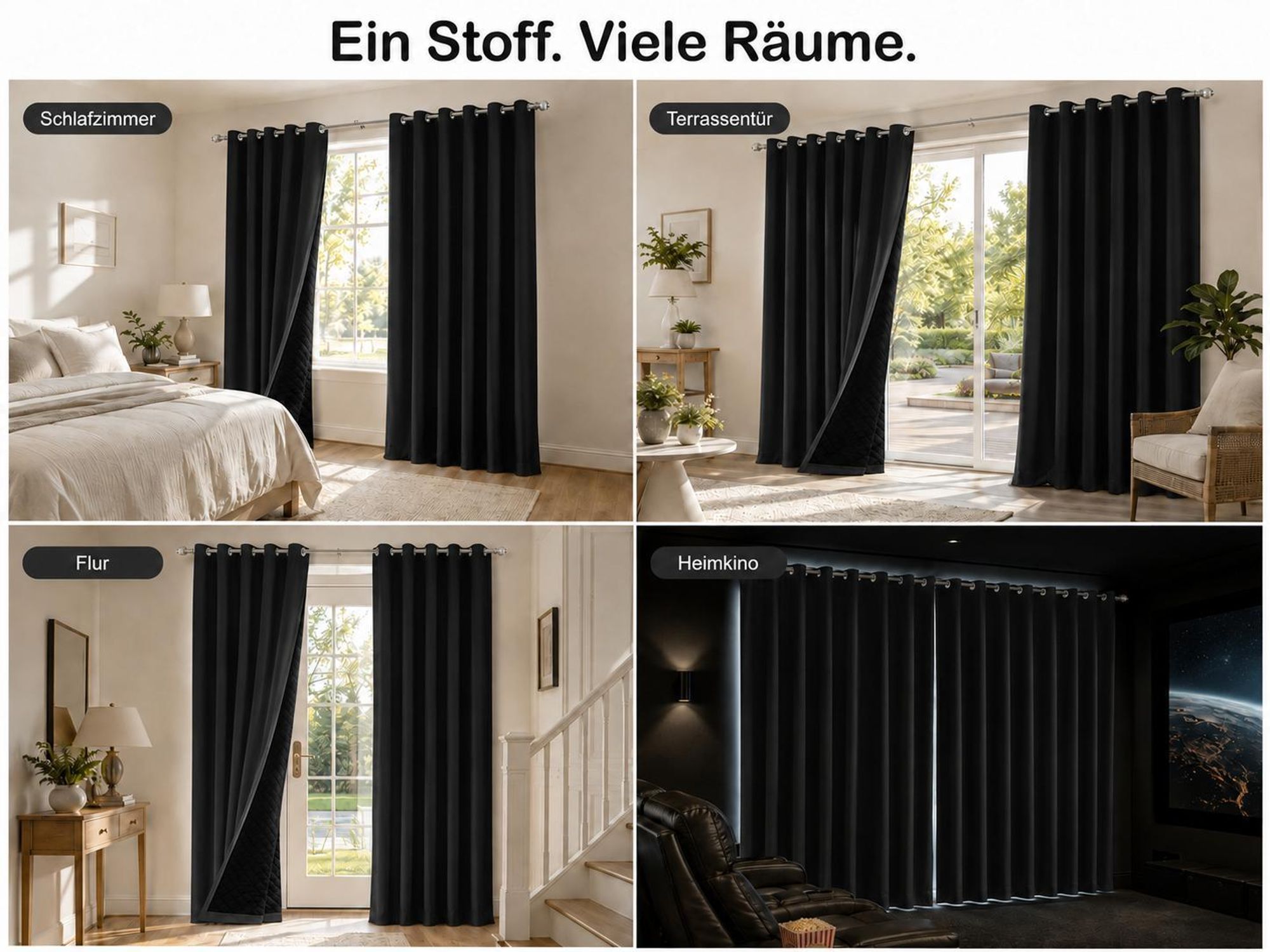 1x 100% Verdunkelung Thermo Vorhänge Schwarz Blickdicht Verdunkelungsvorhang mit Ösen Einfarbige, 132*244cm