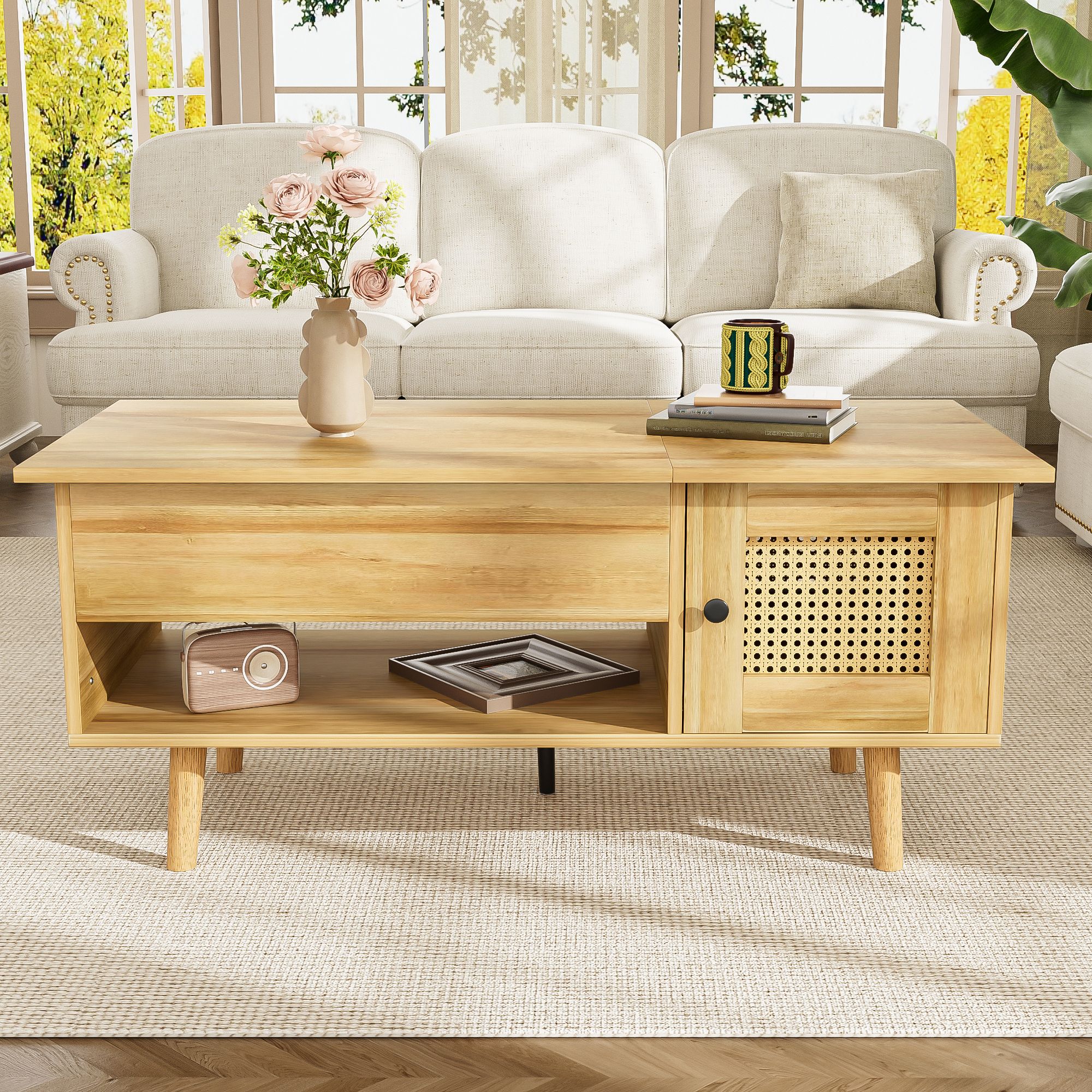 Merax Couchtisch mit anhebbarer Tischplatte und Rattan-Türen – Moderner Wohnzimmertisch mit Stauraum in Holzoptik und schwarzen Akzenten