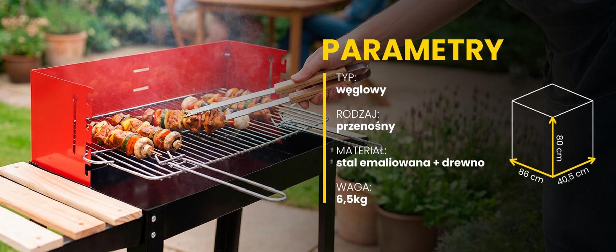 Grill węglowy ogrodowy z półkami i kółkami w kolorze czarno-czerwonym