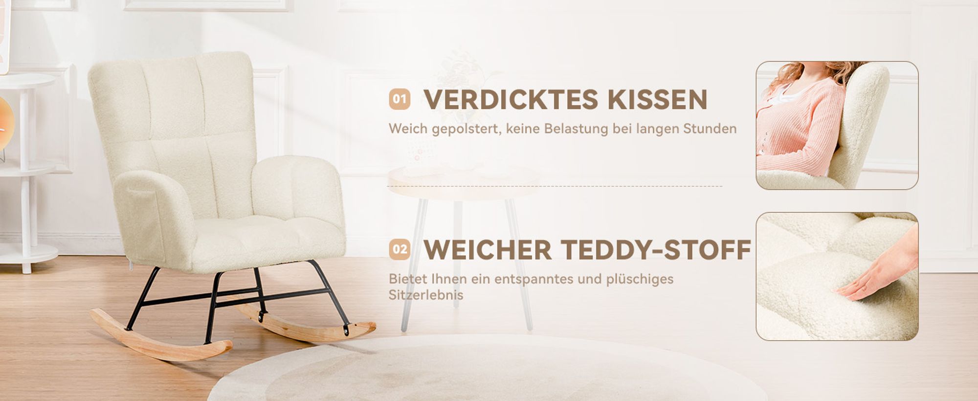 COMHOMA Schaukelstuhl, Relaxsessel mit Armlehnen, Ohrensessel aus Teddy-Plüsch Schaukelsessel, bis 150 kg belastbar für Schlafzimmer, Wohnzimmer beige